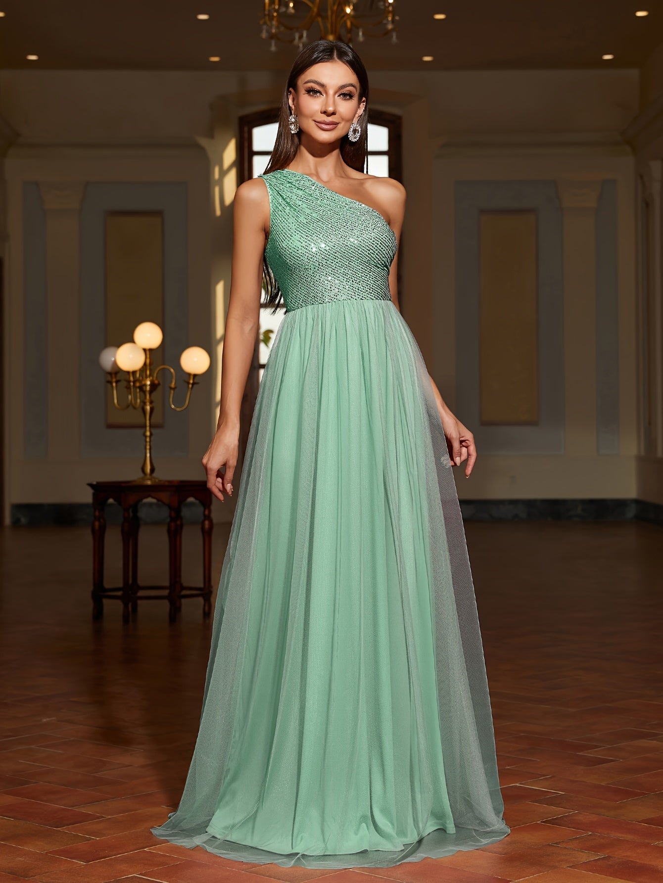 Sequin One Shoulder Contrast Mesh Dress, Elegant Sleeveless Floor Length Formal Dress For Party & Banquet, Women's Clothing For Party Dressing