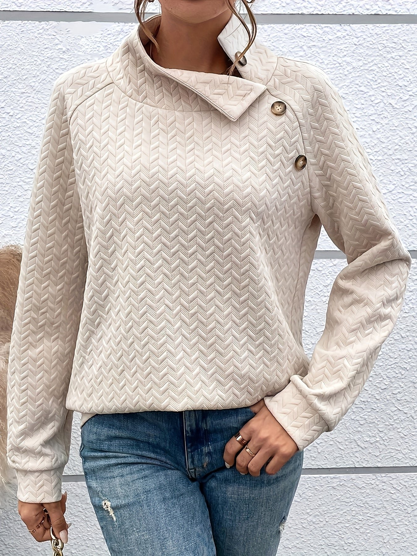 Solid Color Button Decor Pullover Sweatshirt, Casual Long Sleeve Turtle Neck Sweatshirt For Winter & Fall, Women's Clothing