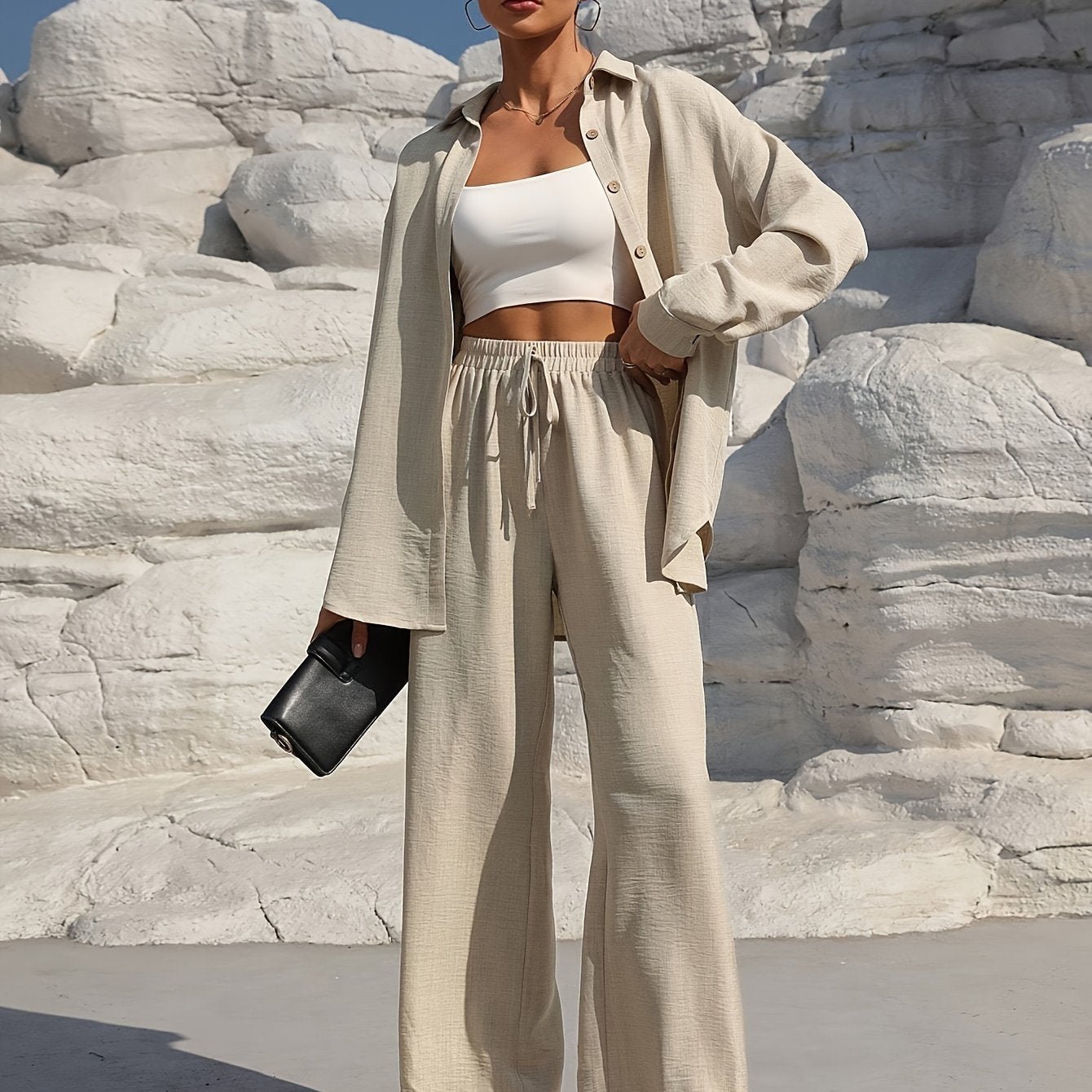 Solid Color Casual Pantsuits, Single-breasted Long Sleeve Collared Blouse & Tie Elastic Waist Pants Outfits, Women's Clothing