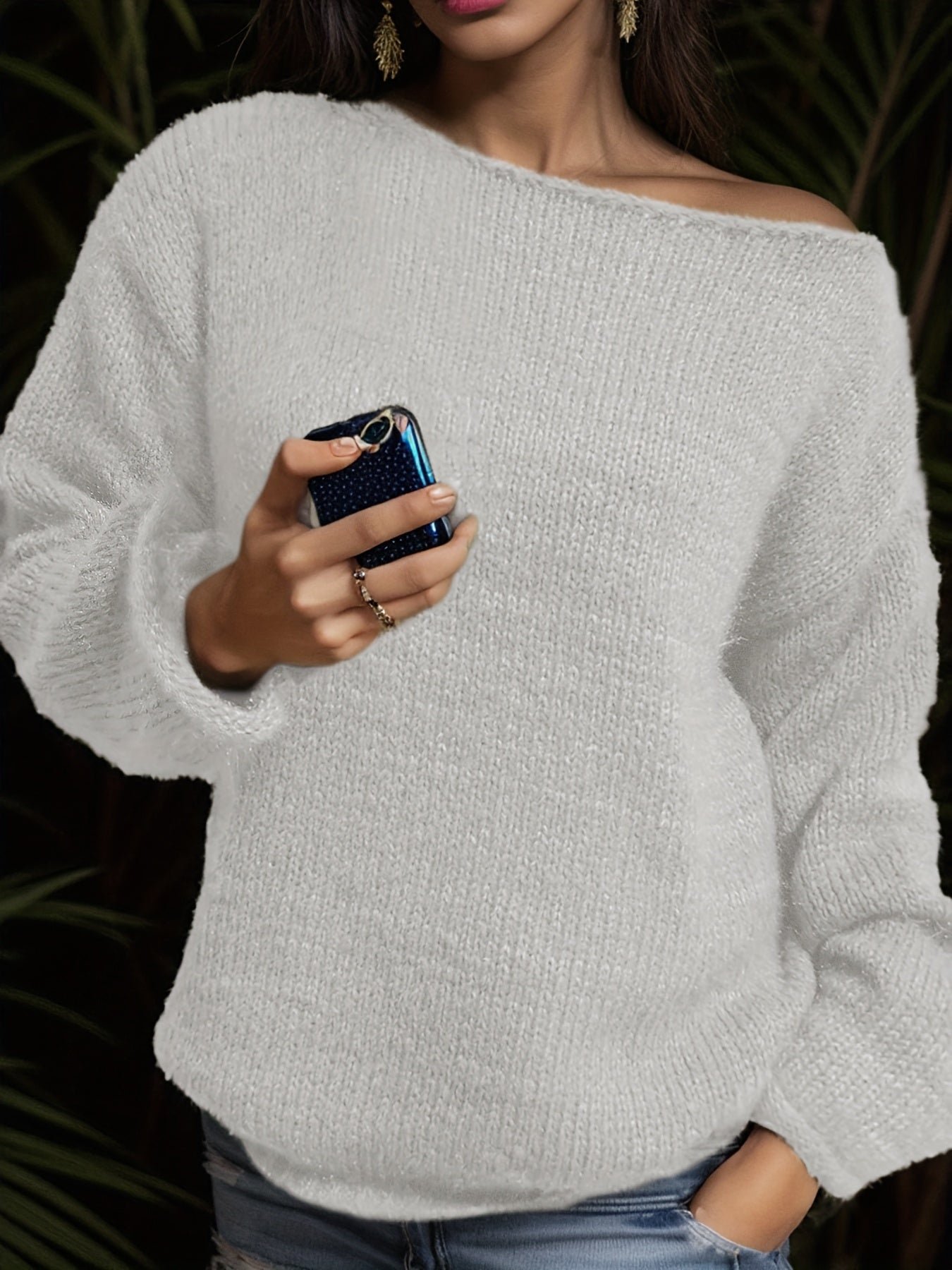 Solid Boat Neck Pullover Sweater, Casual Long Sleeve Loose Sweater, Women's Clothing