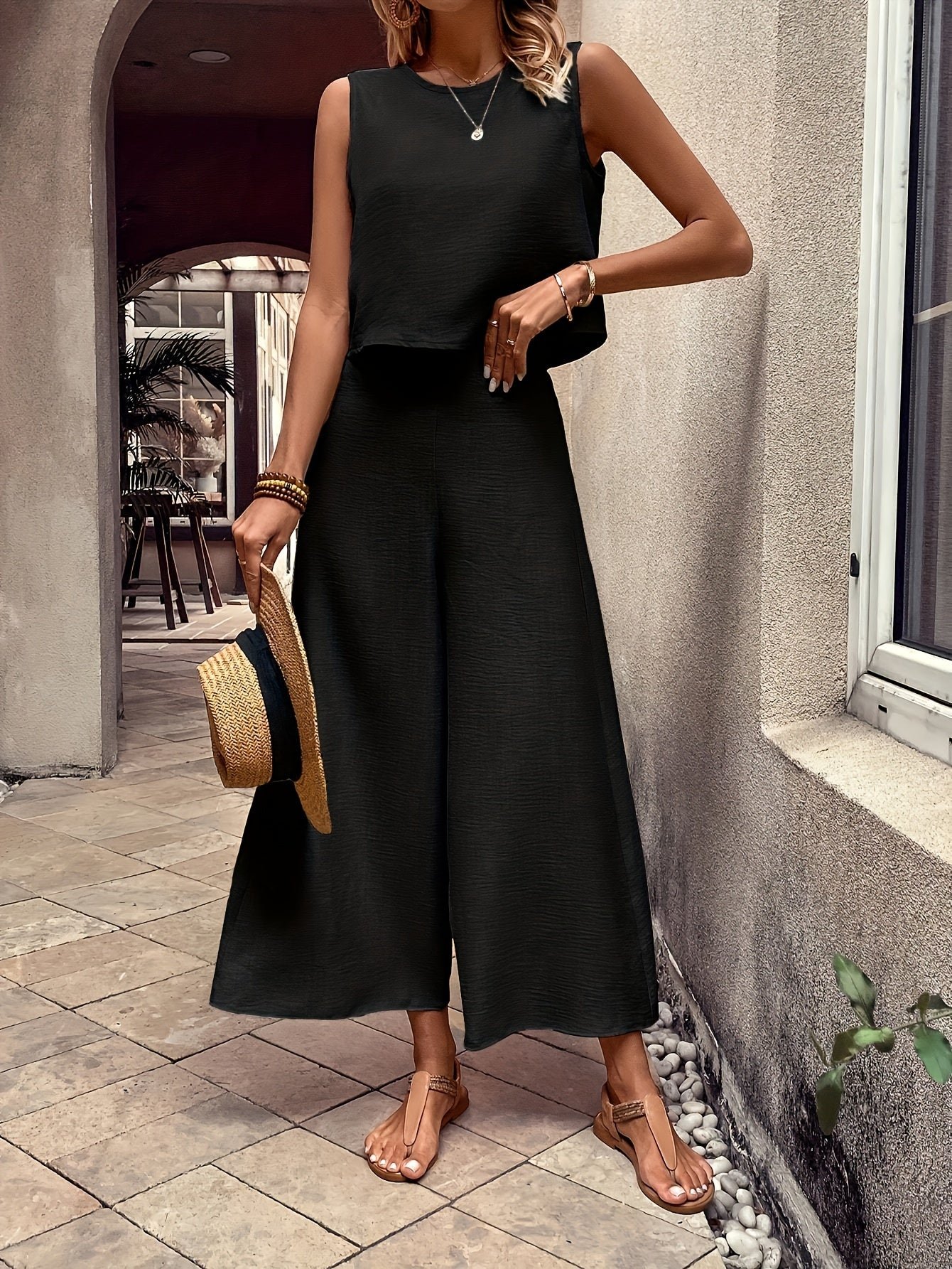 Elegant Solid Color Pantsuits Set, Crew Neck Tank Top & Wide Leg Pants Outfits, Women's Clothing