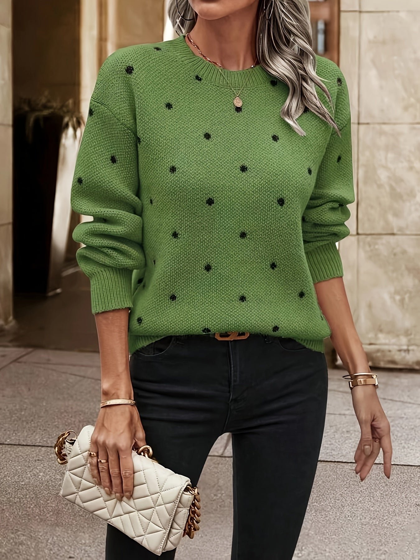 Polka Dot Pattern Knit Sweater, Casual Long Sleeve Crew Neck Sweater, Women's Clothing