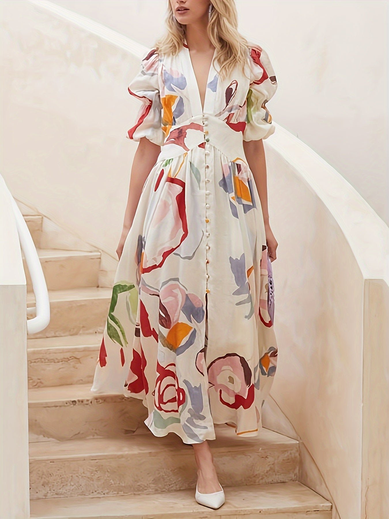 Allover Print V-neck Dress, Elegant Short Sleeve A-line Dress For Spring & Summer, Women's Clothing