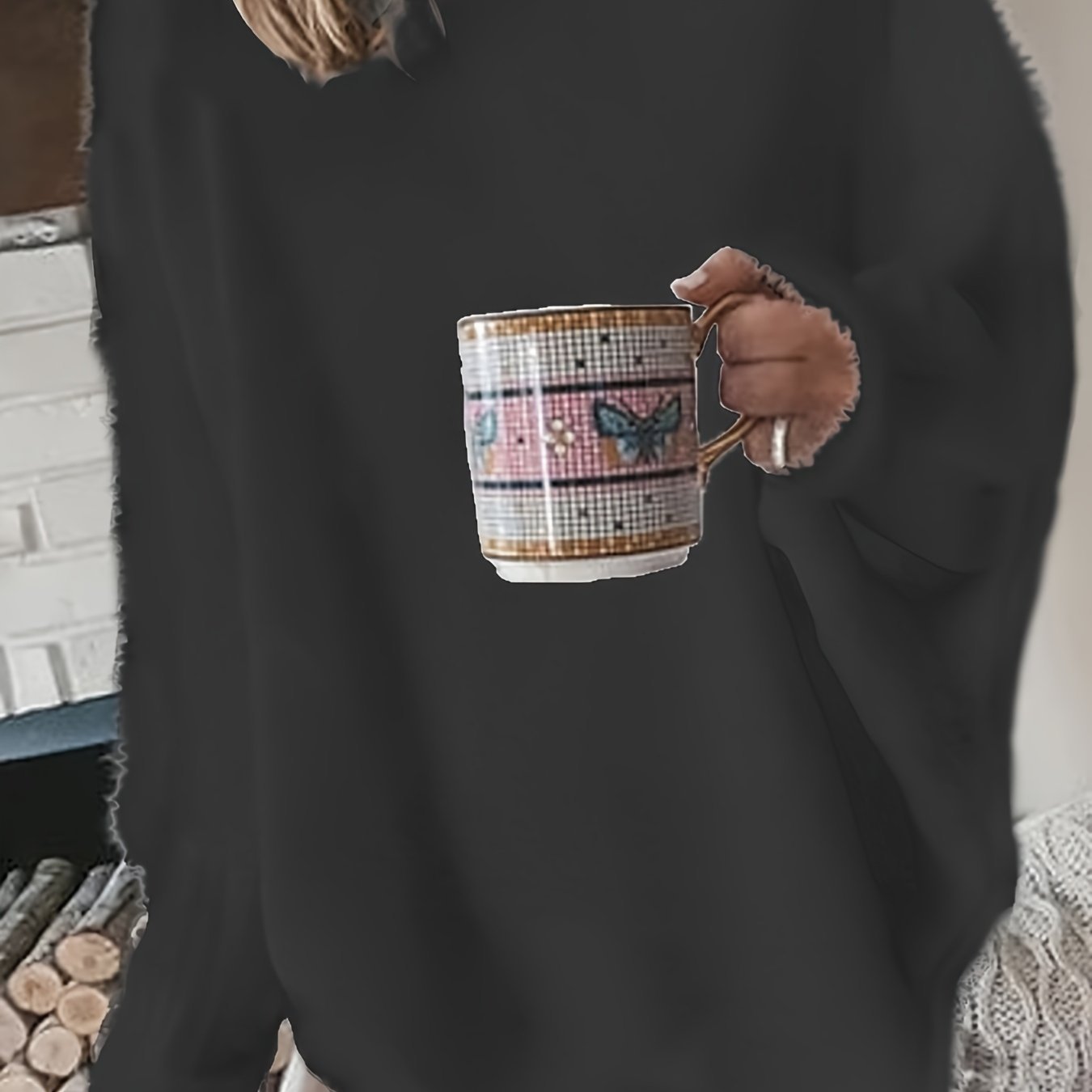 Plus Size Casual Sweater, Women's Plus Solid Fluffy Round Neck Long Sleeve Sweater
