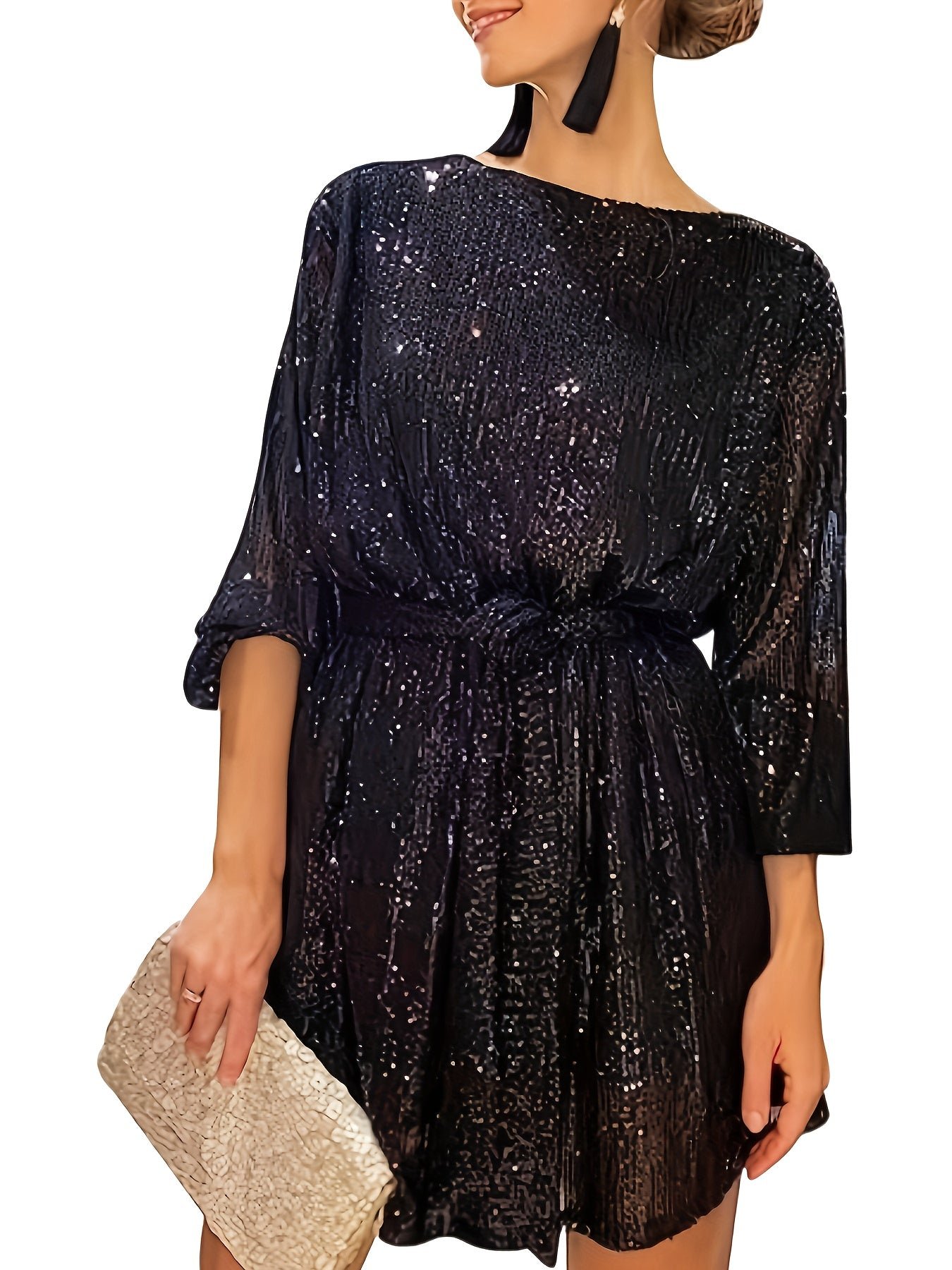 Sequined Tie Waist Dress, Elegant Solid Dress For Club & Party, Women's Clothing
