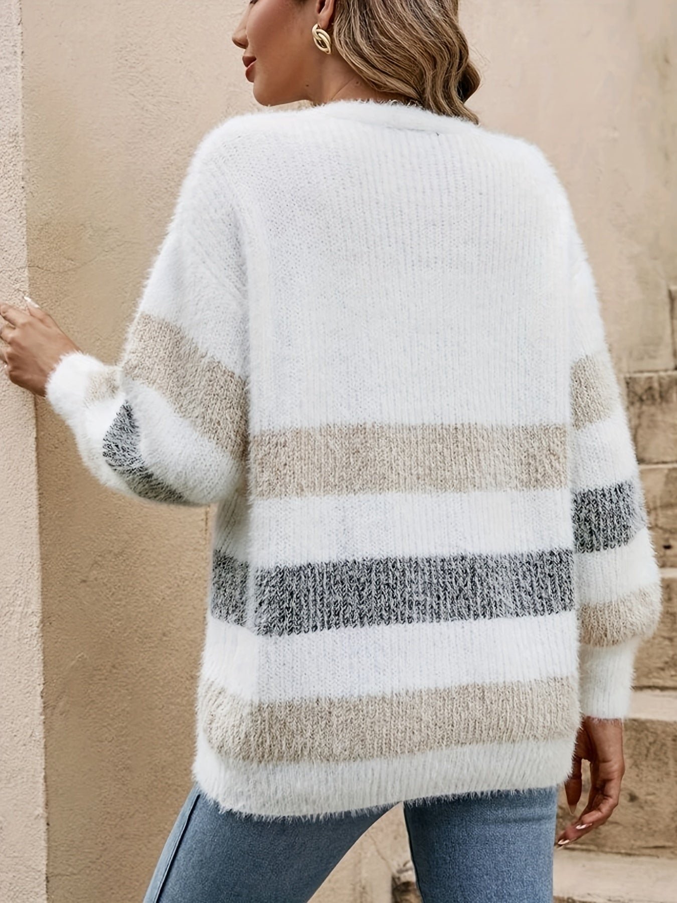 Color Block Button Down Knit Cardigan, Casual Long Sleeve V Neck Sweater, Women's Clothing