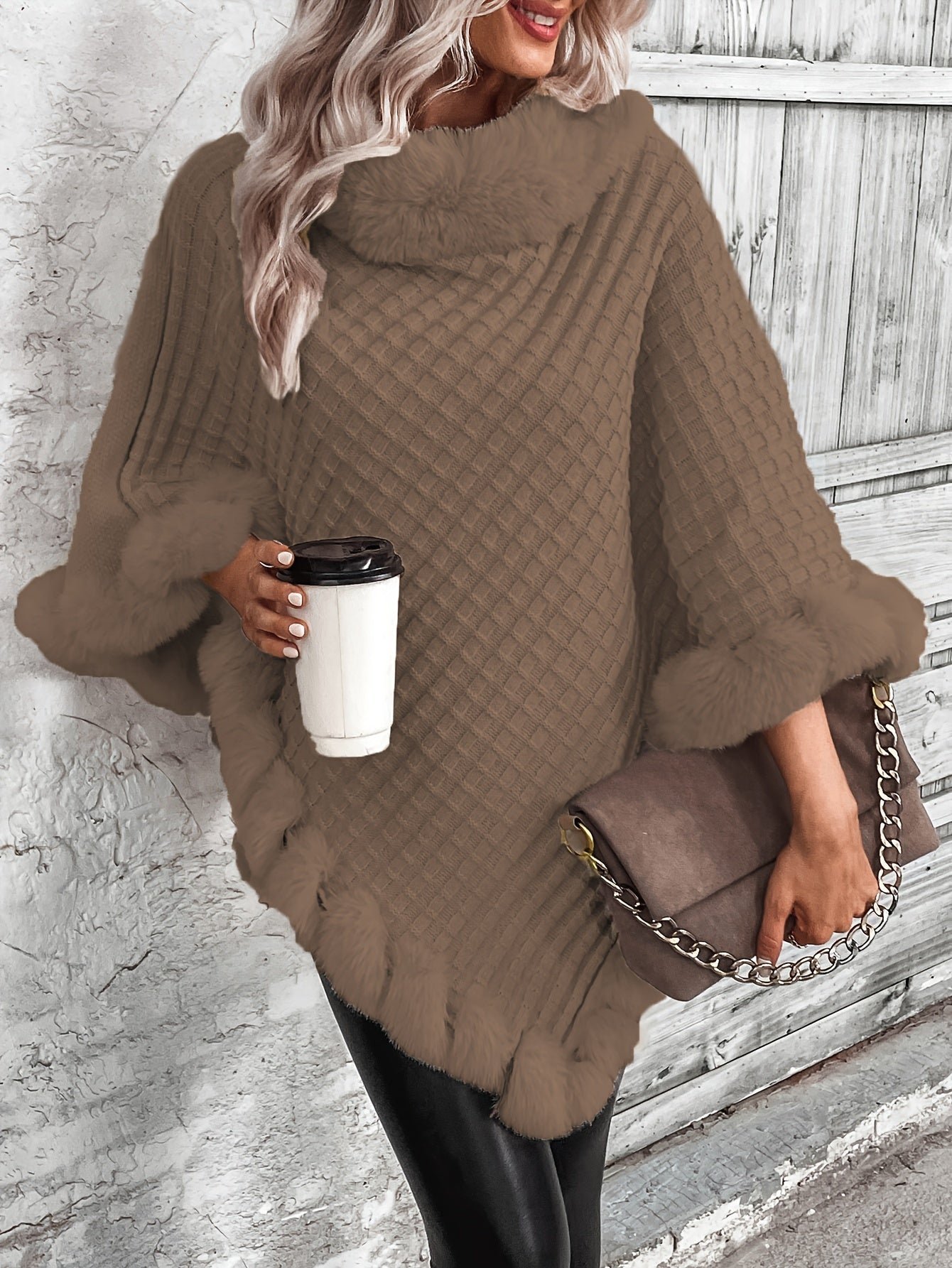 Fur-Trim Hanky Hem Pullover Sweater, Elegant Long Sleeve Turtle Neck Sweater For Winter, Women's Clothing
