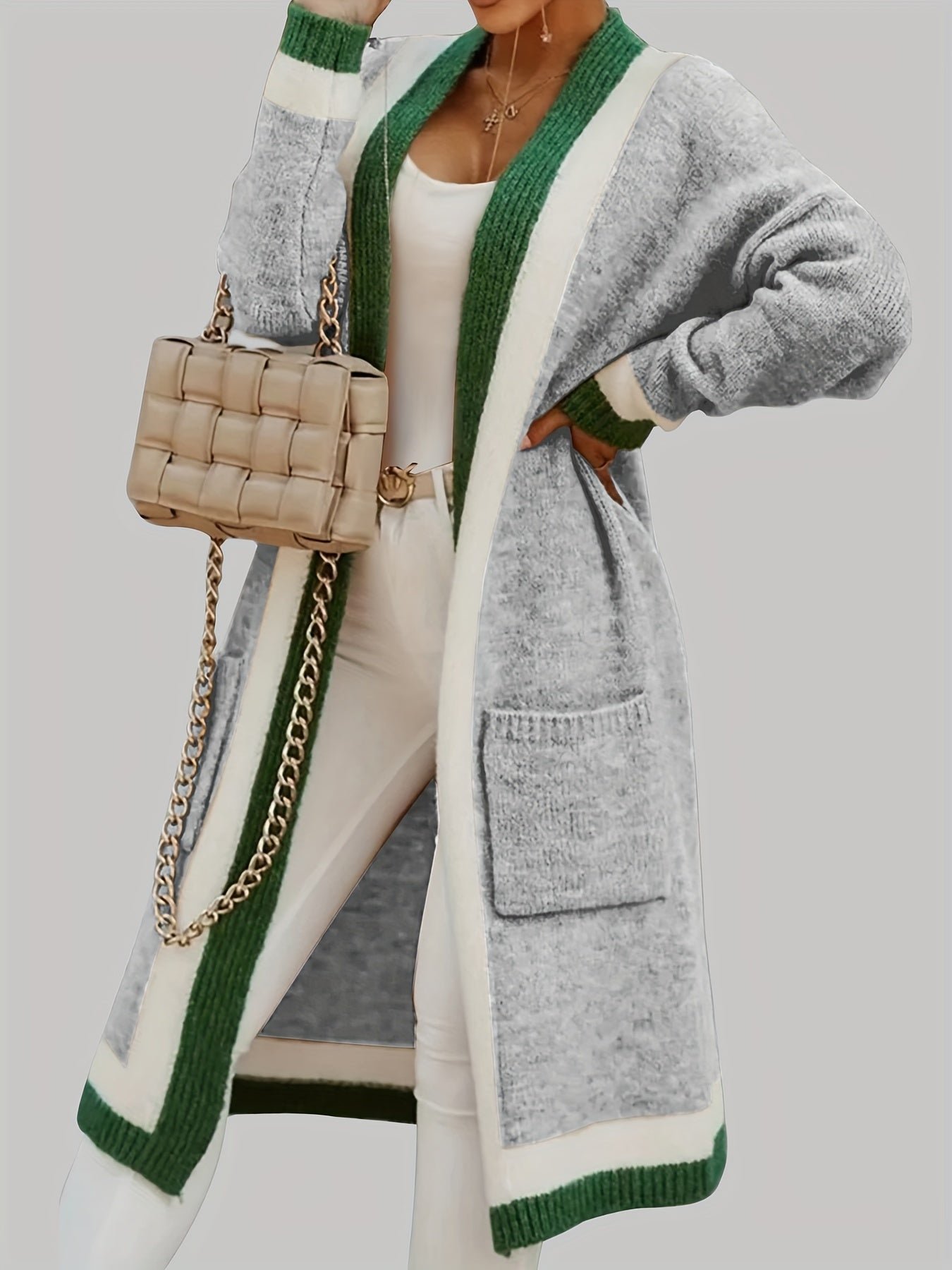 Color Block Open Front Knit Cardigan, Vintage Long Sleeve Long Length Sweater Coat With Pocket, Women's Clothing