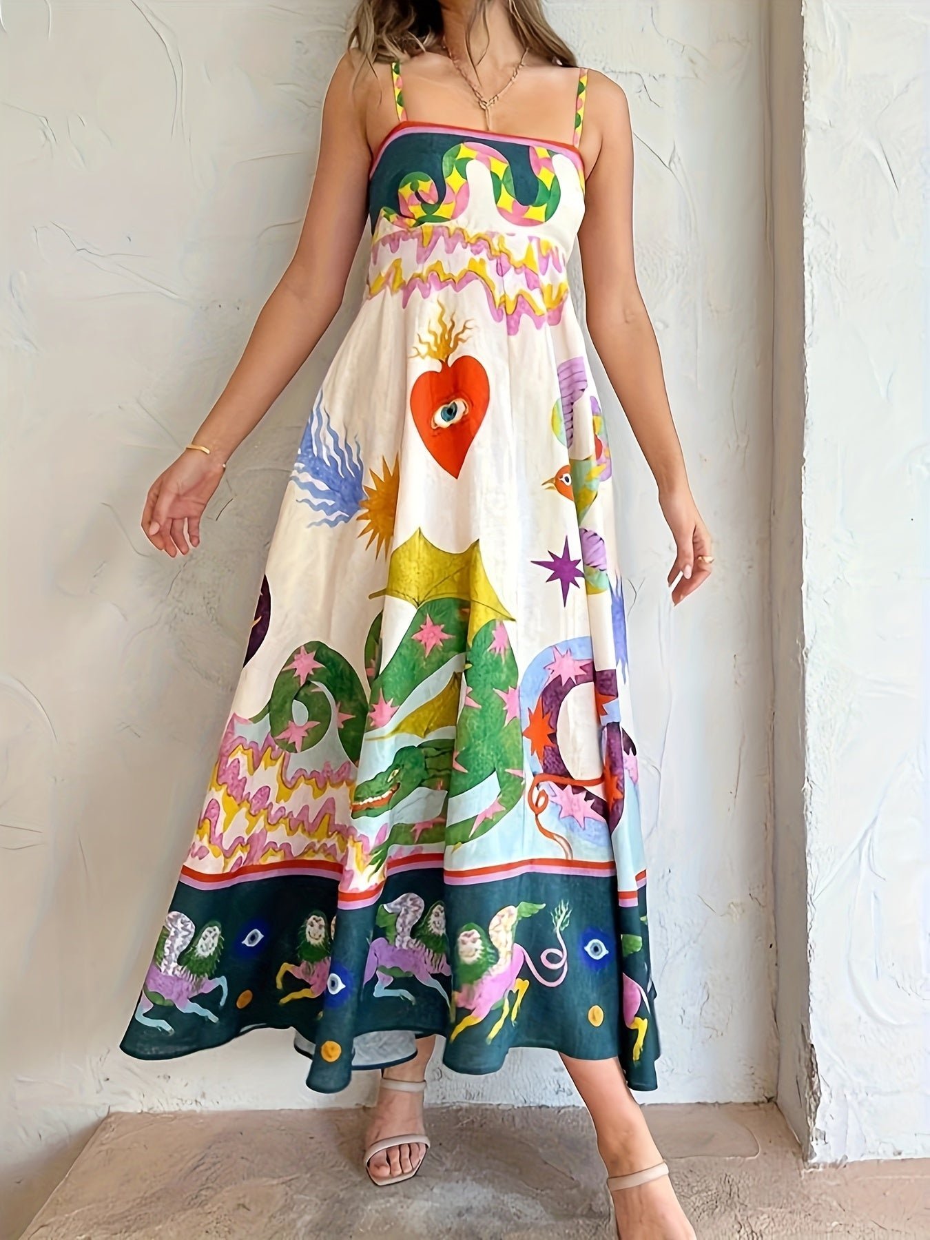 Cartoon Drawstring Print Shirred Cami Dress, Elegant Sleeveless Spaghetti Strap Dress, Women's Clothing