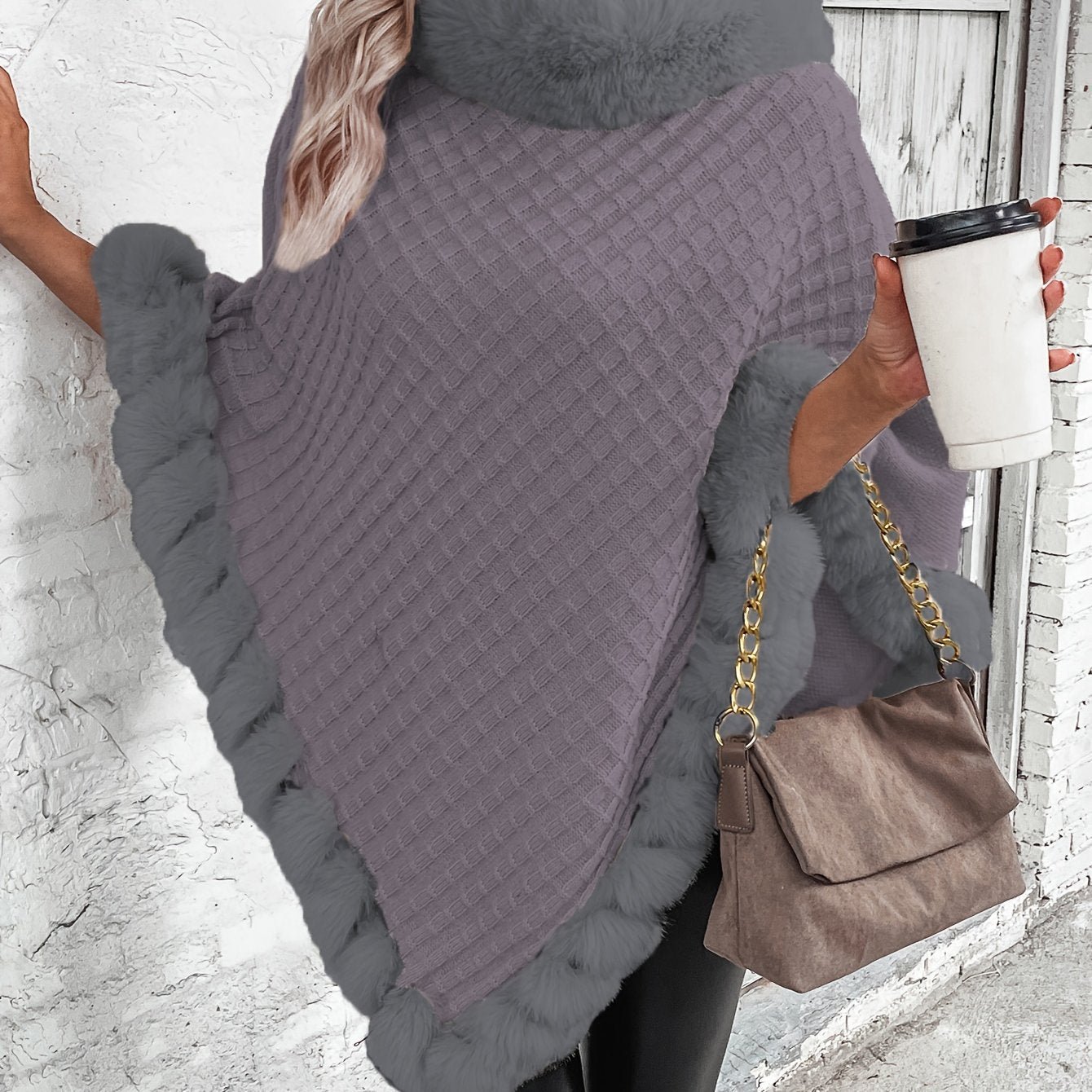 Fur-Trim Hanky Hem Pullover Sweater, Elegant Long Sleeve Turtle Neck Sweater For Winter, Women's Clothing