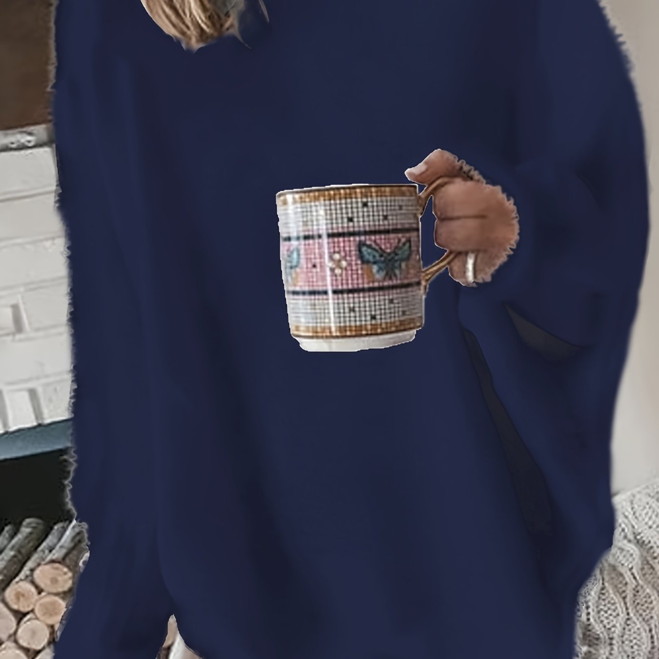 Plus Size Casual Sweater, Women's Plus Solid Fluffy Round Neck Long Sleeve Sweater