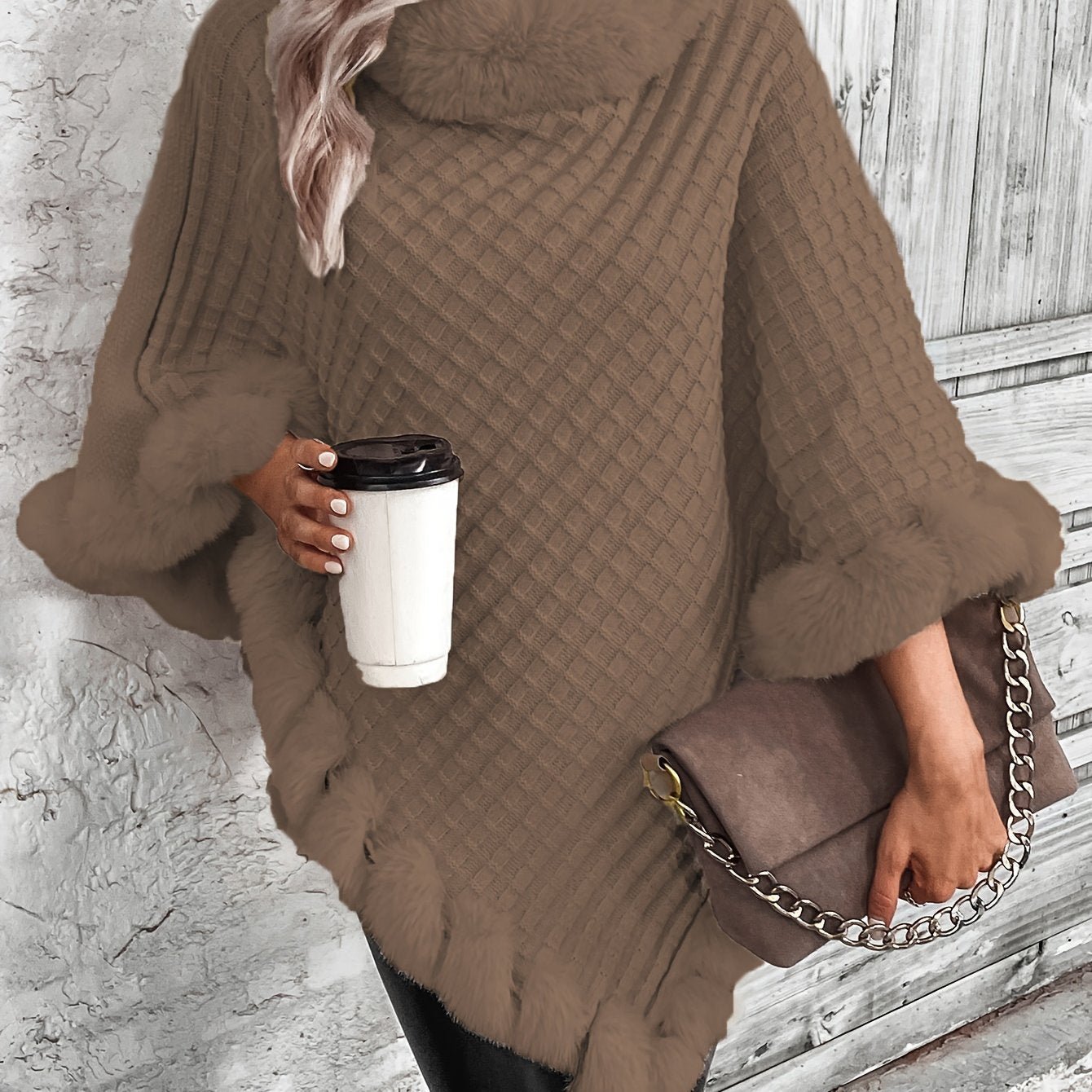 Fur-Trim Hanky Hem Pullover Sweater, Elegant Long Sleeve Turtle Neck Sweater For Winter, Women's Clothing