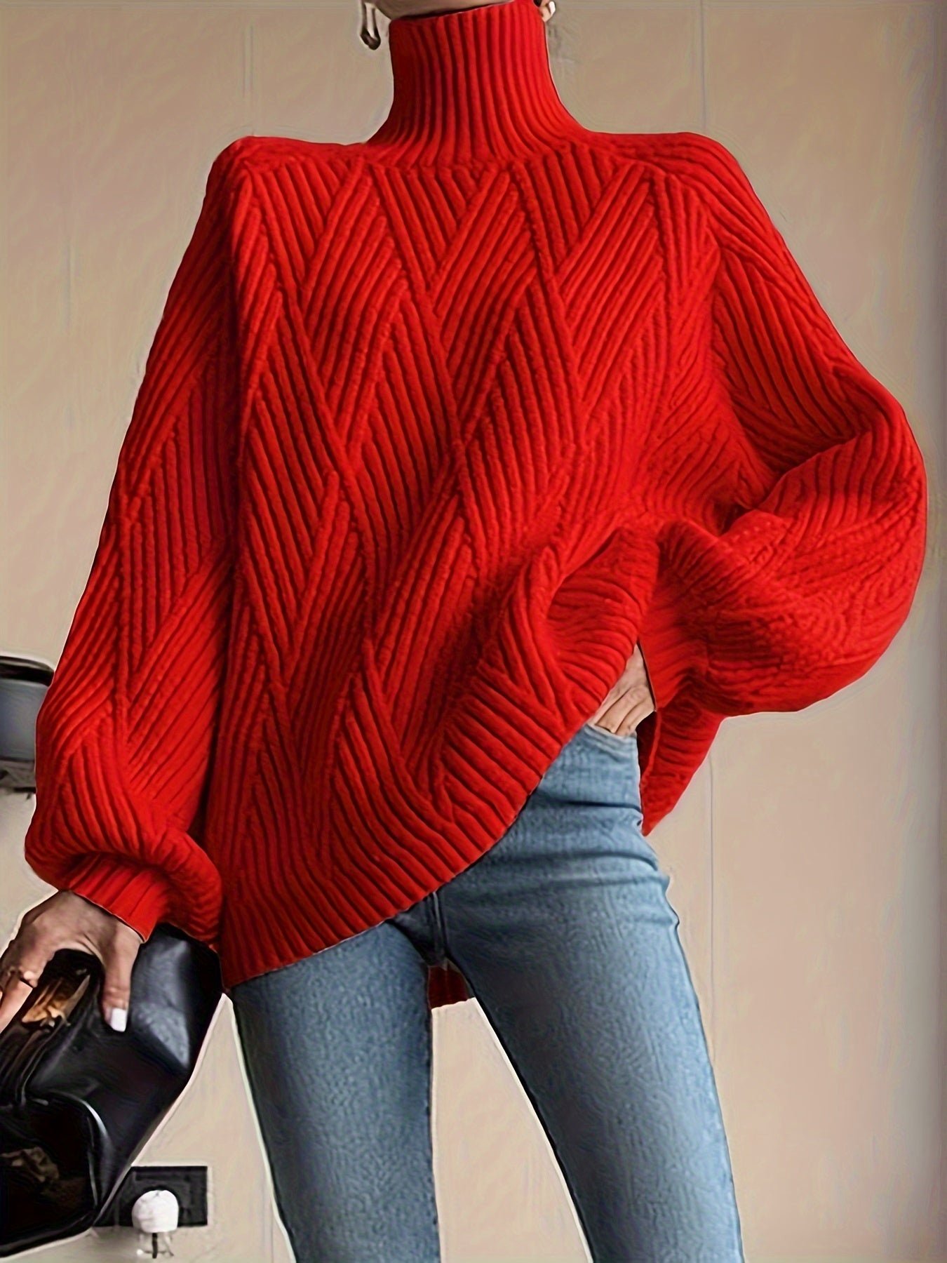 Solid High Neck Knit Sweater, Casual Long Sleeve Pullover Sweater For Fall & Winter, Women's Clothing
