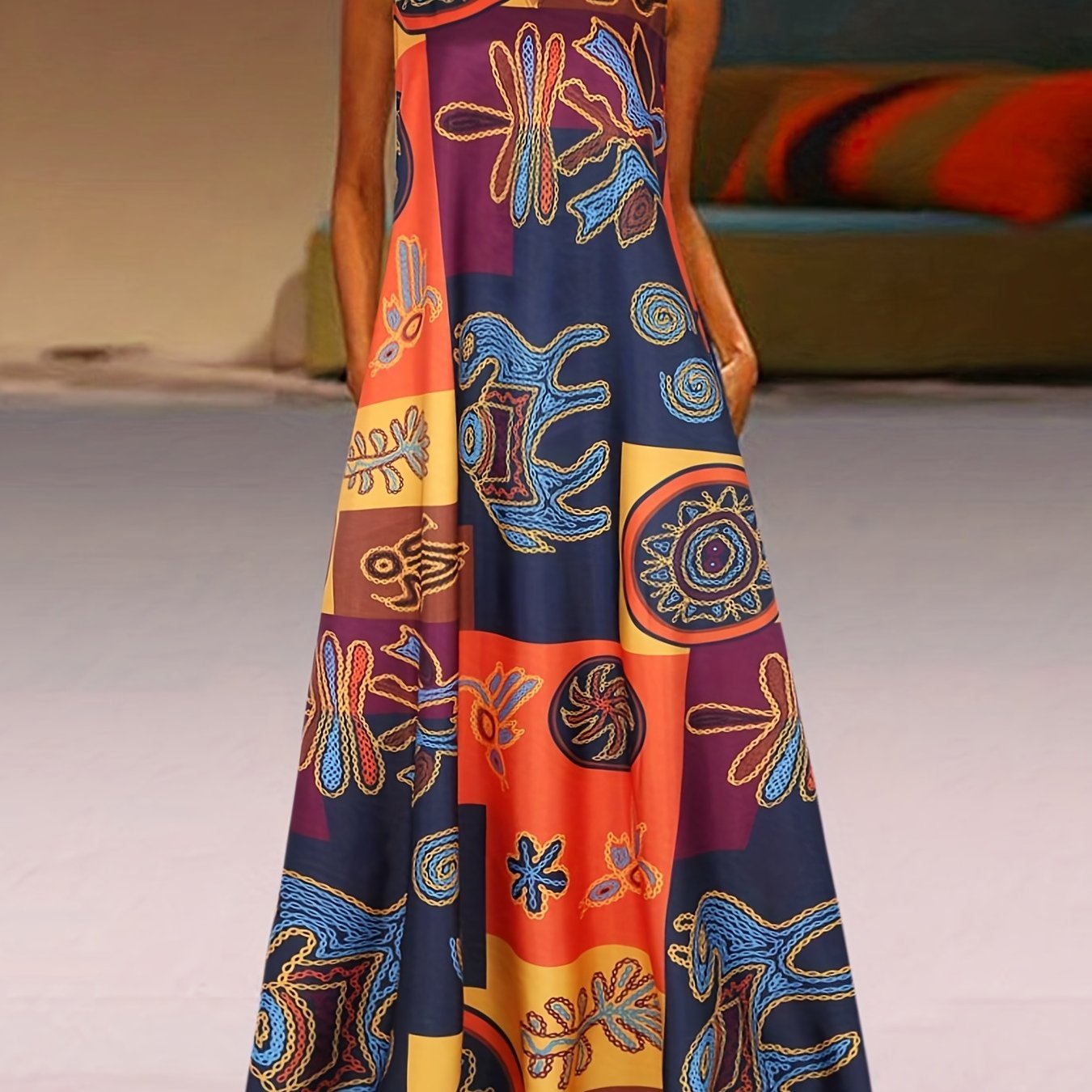 Ethnic Print V Neck Dress, Vintage Sleeveless Summer Maxi Dress With Pockets, Women's Clothing