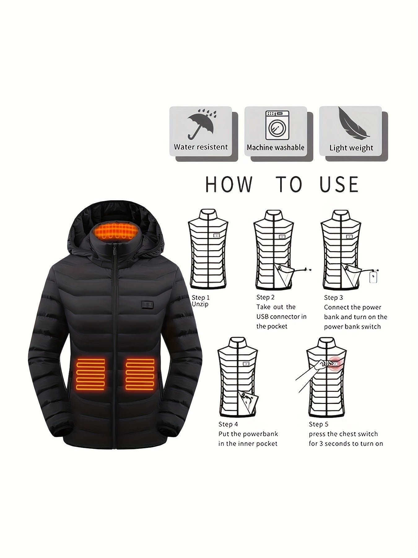 Women's Waterp Resistant Heated Jacket, Long Sleeve Thermal Clothing, USB Electric Heating Coat For Outdoor Camping, Cycling, Fishing, Hiking, Skiing Thermal Wear (Battery Pack Not Included) For Fall & Winter