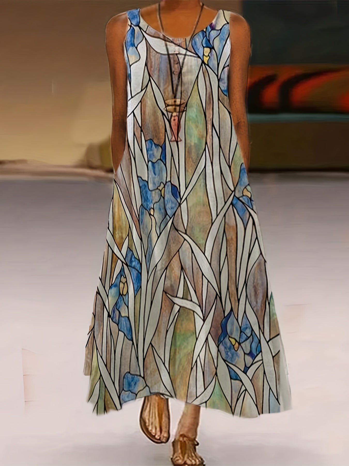 Plus Size Casual Summer Dress, Women's Plus Flower & Leaf Print Sleeveless Round Neck Medium Stretch Maxi Cami Dress With Pockets