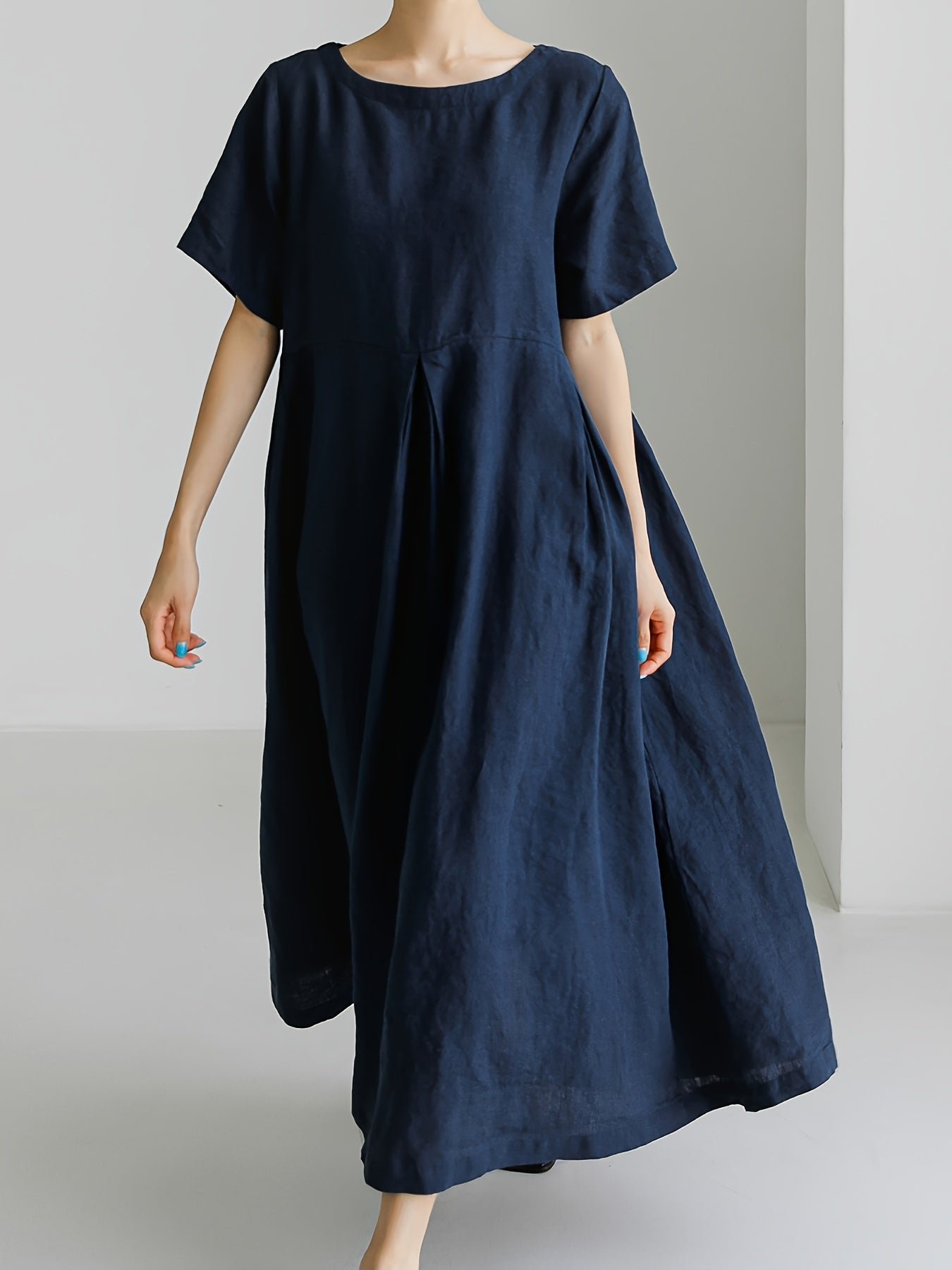 Solid Color Crew Neck Loose Dress, Elegant Short Sleeve Simple Dress For Spring & Summer, Women's Clothing