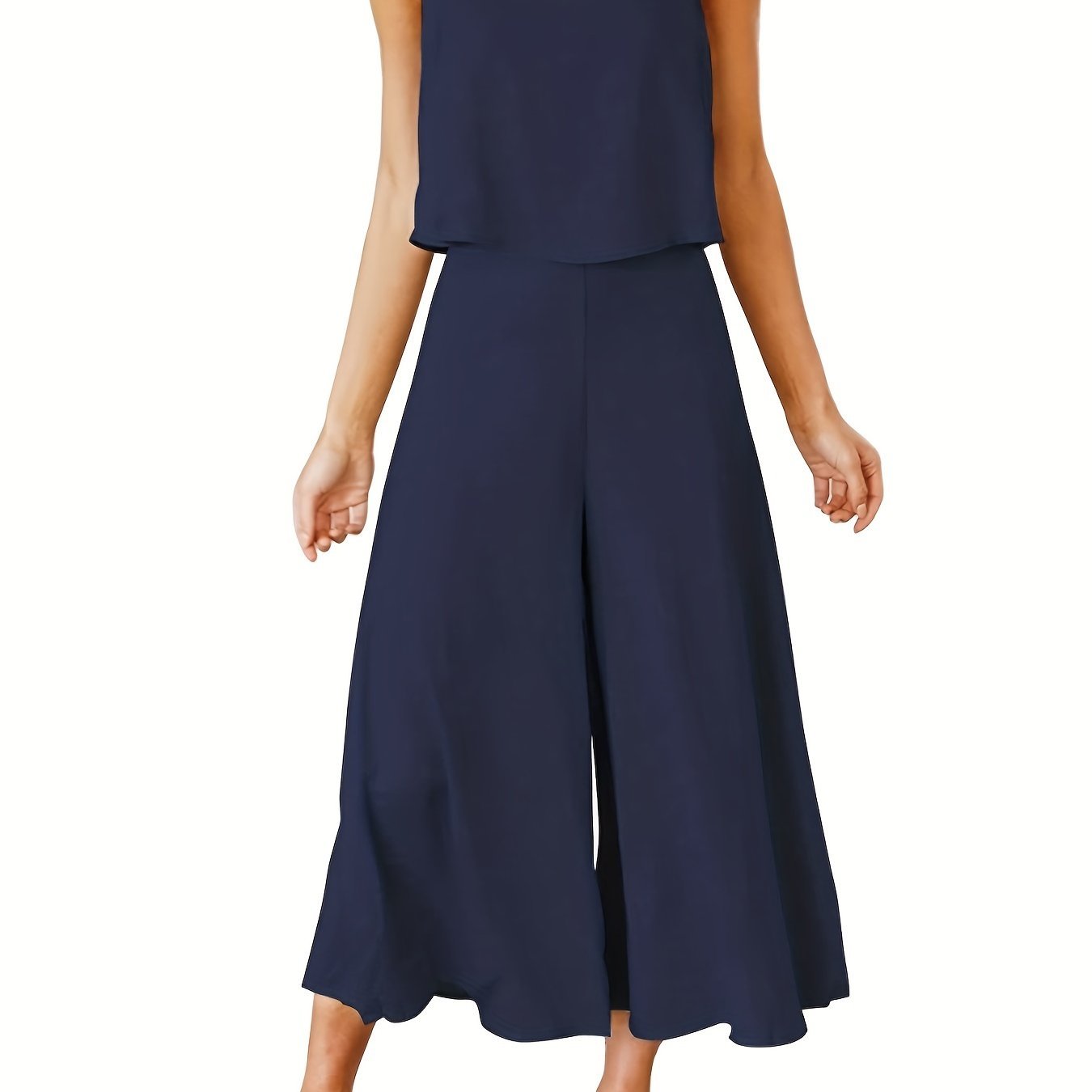 Casual Solid Two-piece Set, Crew Neck Tank Top & Wide Leg Pants Outfits, Women's Clothing