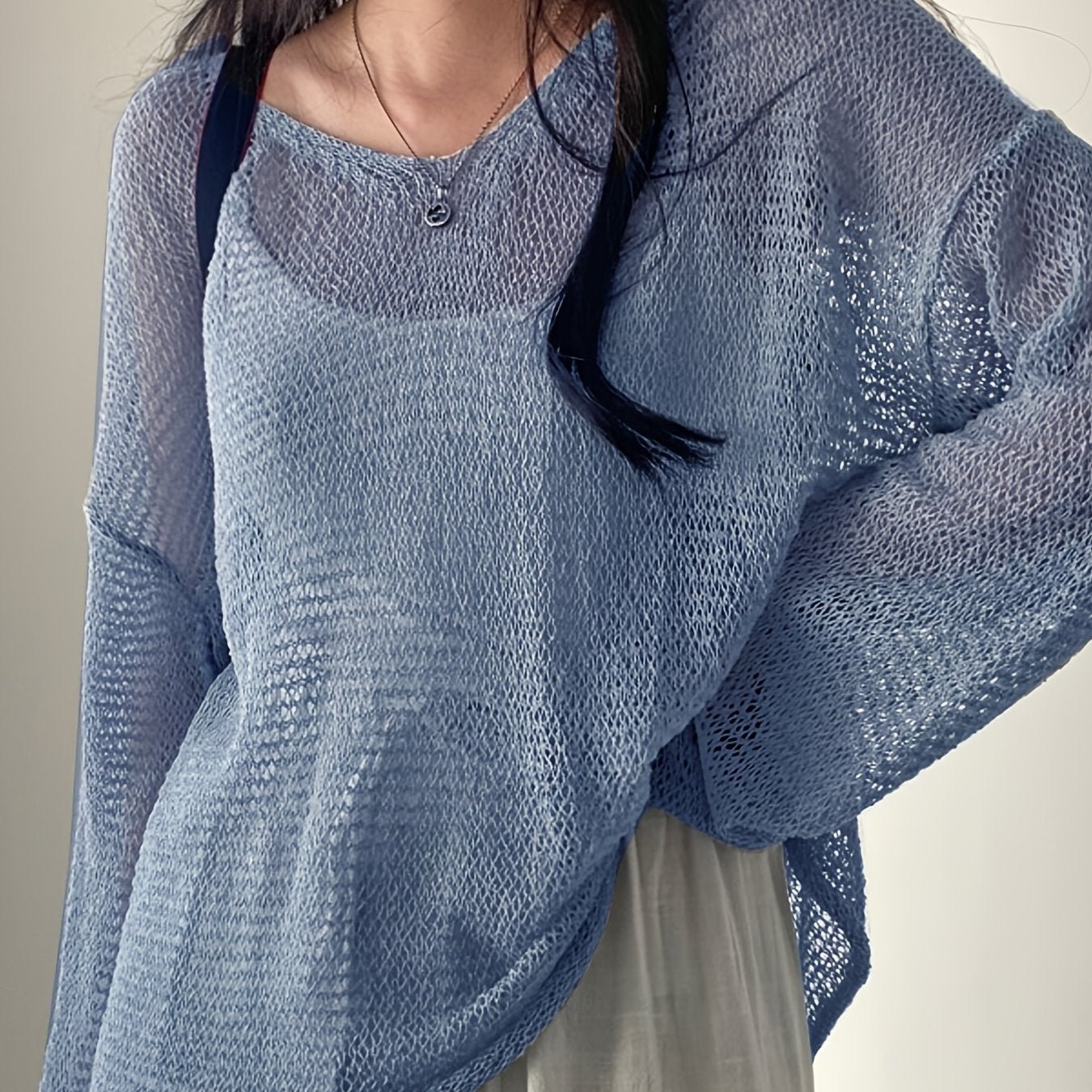 Solid Knitted Pullover Top, Casual Crew Neck Long Sleeve Crochet Coverup Top, Women's Clothing