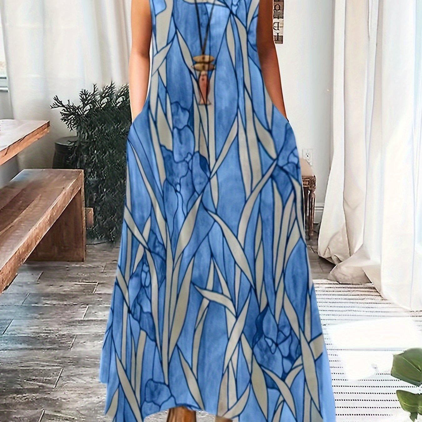 Plus Size Casual Summer Dress, Women's Plus Flower & Leaf Print Sleeveless Round Neck Medium Stretch Maxi Cami Dress With Pockets