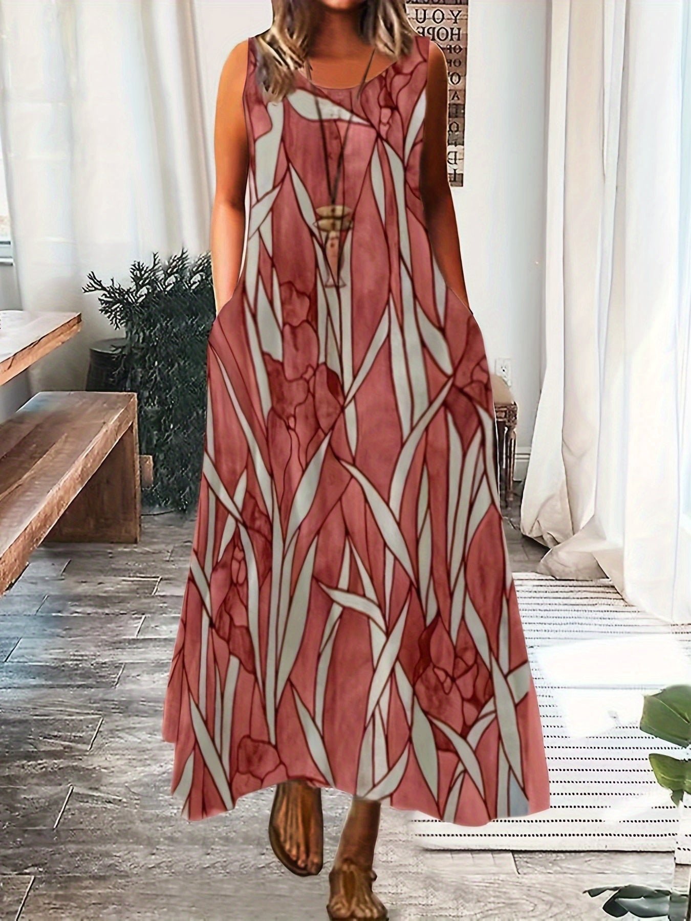 Plus Size Casual Summer Dress, Women's Plus Flower & Leaf Print Sleeveless Round Neck Medium Stretch Maxi Cami Dress With Pockets