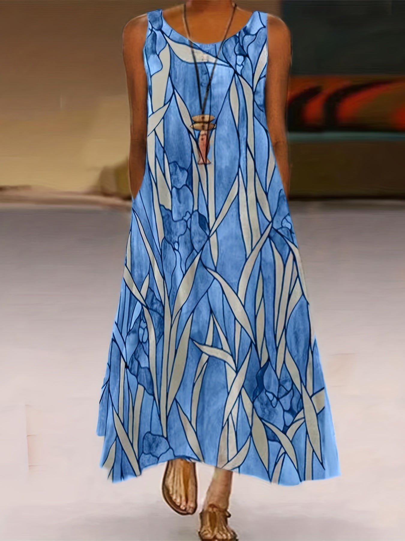 Plus Size Casual Summer Dress, Women's Plus Flower & Leaf Print Sleeveless Round Neck Medium Stretch Maxi Cami Dress With Pockets