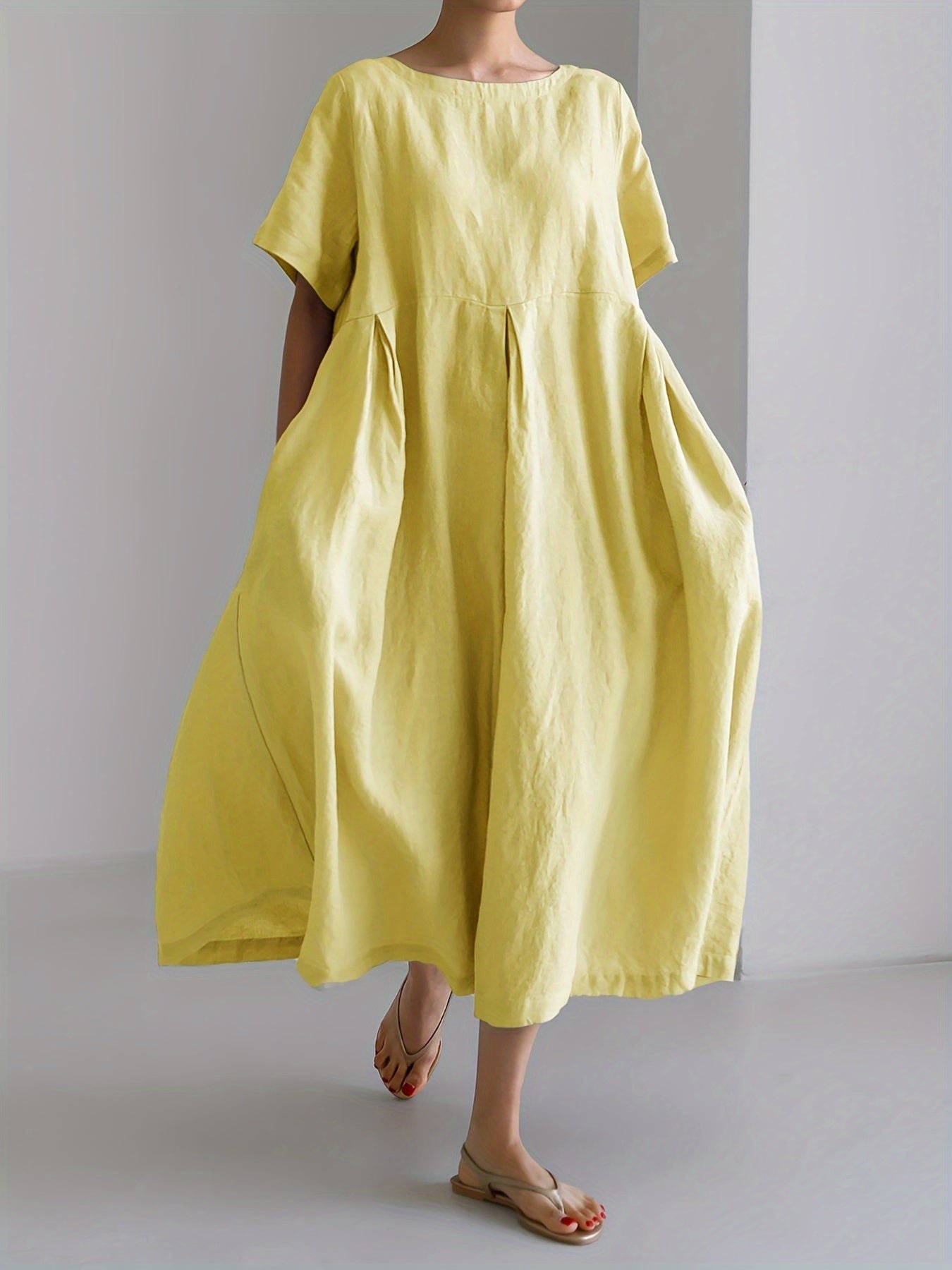 Solid Color Crew Neck Loose Dress, Elegant Short Sleeve Simple Dress For Spring & Summer, Women's Clothing