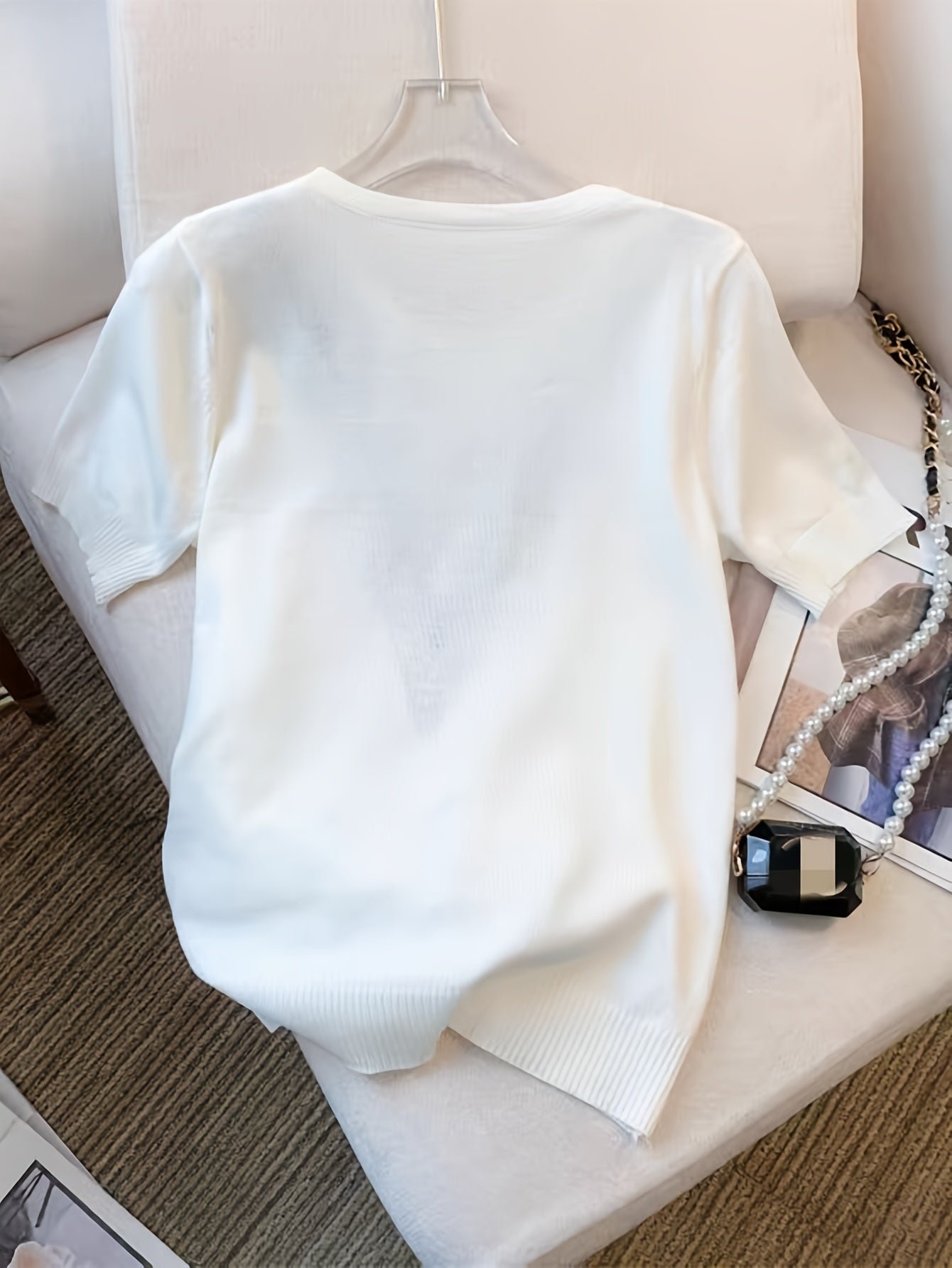 Color Block Crew Neck Knitted Sweater, Casual Short Sleeve Top For Spring & Summer, Women's Clothing