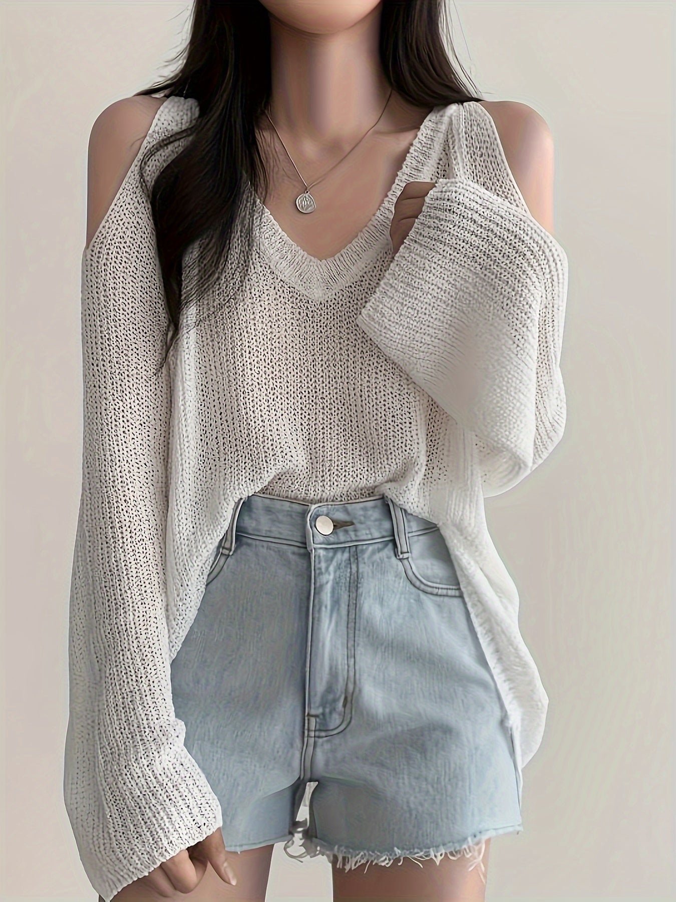 Solid Color V Neck Pullover Sweater, Y2K Long Sleeve Cut Out Knitted Sweater For Spring & Summer, Women's Clothing