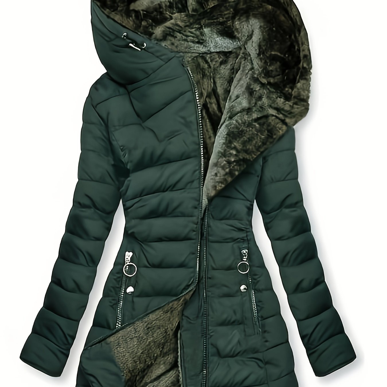 Solid Color Zipper Hooded Coat, Versatile Long Sleeve Pockets Warm Outwear For Fall & Winter, Women's Clothing