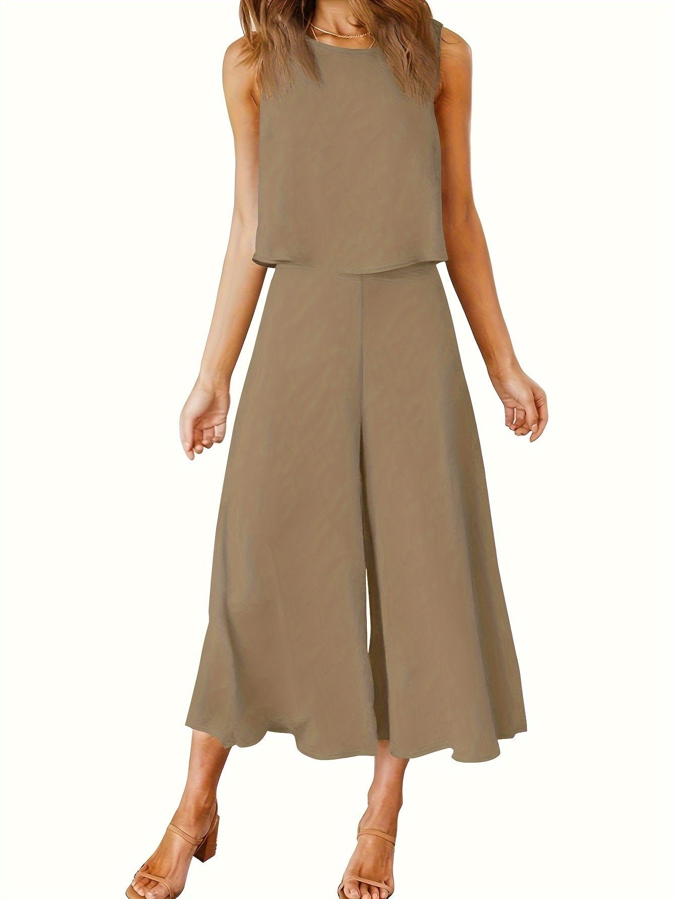 Casual Solid Two-piece Set, Crew Neck Tank Top & Wide Leg Pants Outfits, Women's Clothing