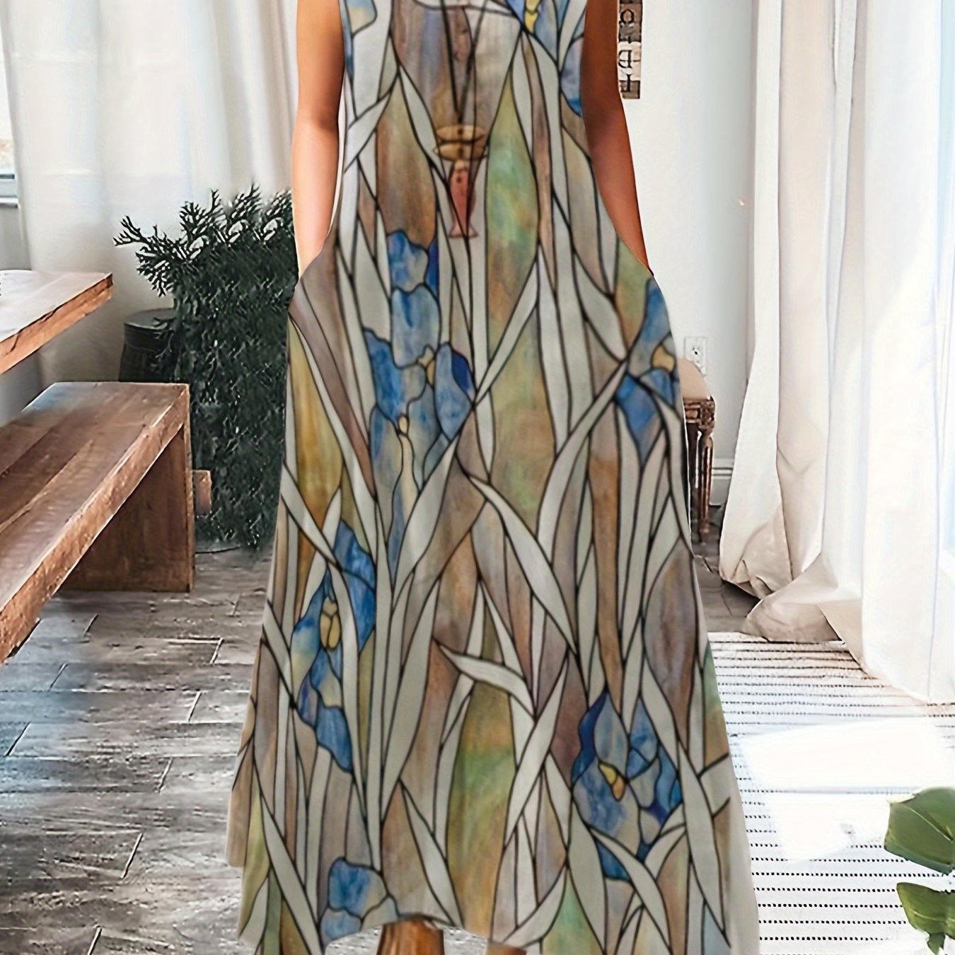 Plus Size Casual Summer Dress, Women's Plus Flower & Leaf Print Sleeveless Round Neck Medium Stretch Maxi Cami Dress With Pockets