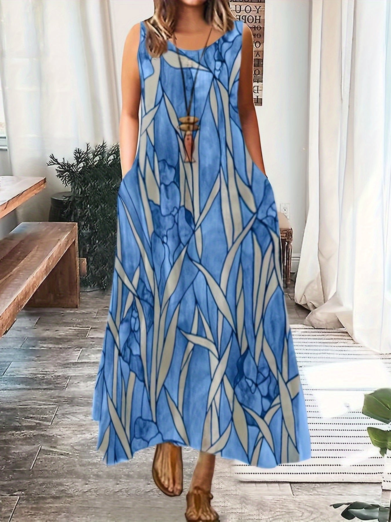 Plus Size Casual Summer Dress, Women's Plus Flower & Leaf Print Sleeveless Round Neck Medium Stretch Maxi Cami Dress With Pockets