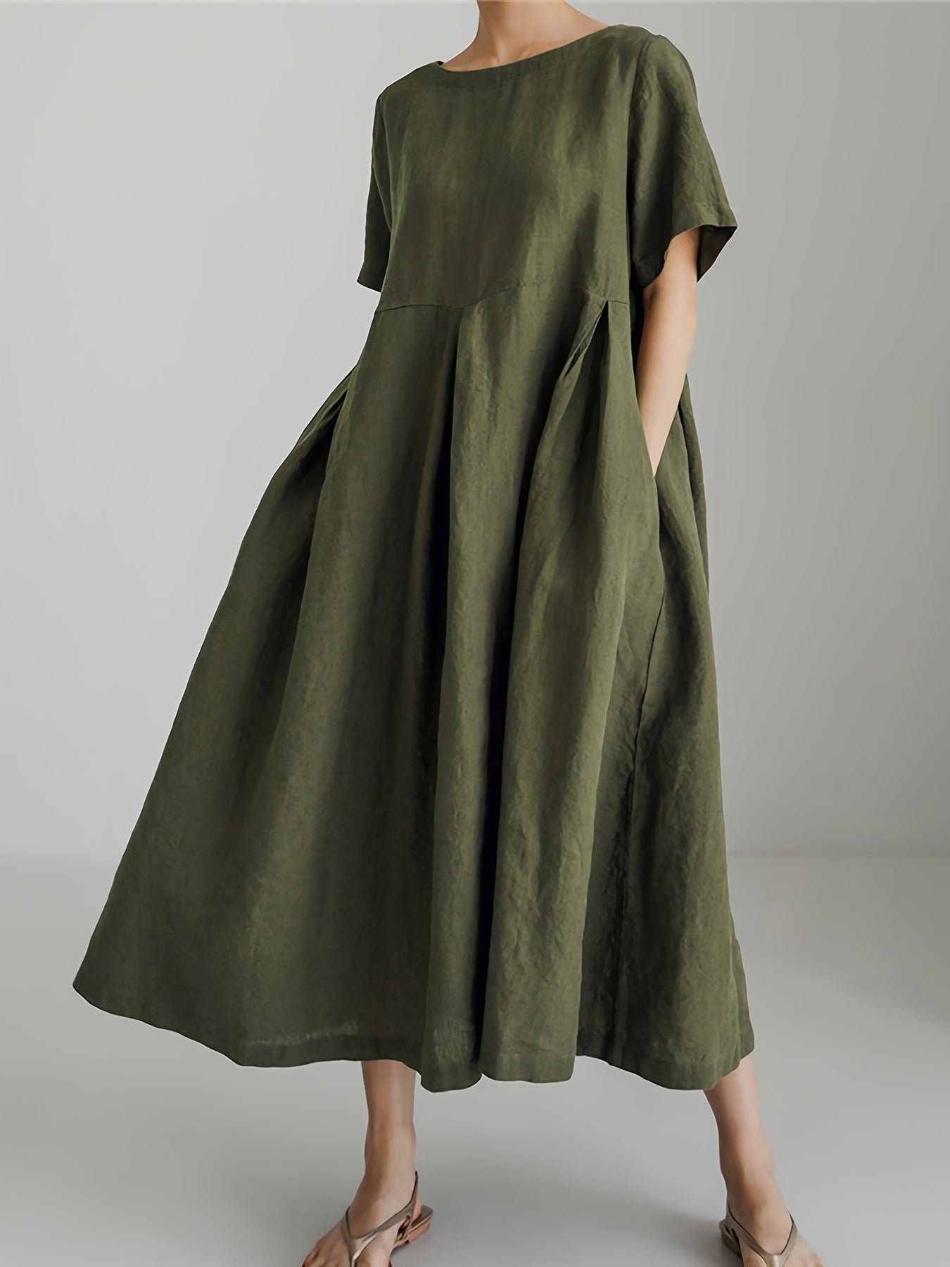 Solid Color Crew Neck Loose Dress, Elegant Short Sleeve Simple Dress For Spring & Summer, Women's Clothing