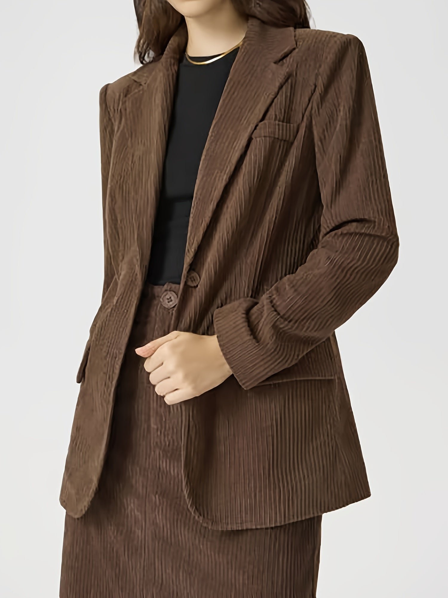 Solid Button Front Two-piece Skirt Set, Lapel Neck Long Sleeve Blazer & High Waist Skirt Outfits, Women's Clothing