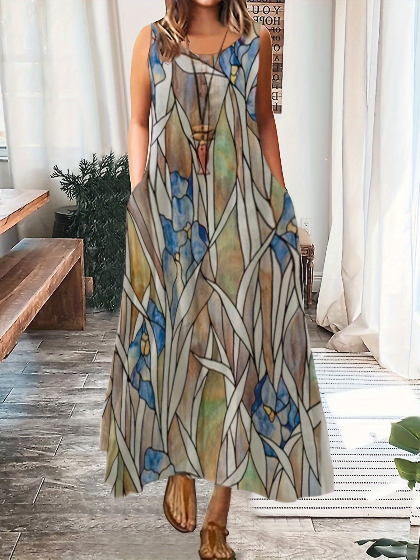 Plus Size Casual Summer Dress, Women's Plus Flower & Leaf Print Sleeveless Round Neck Medium Stretch Maxi Cami Dress With Pockets