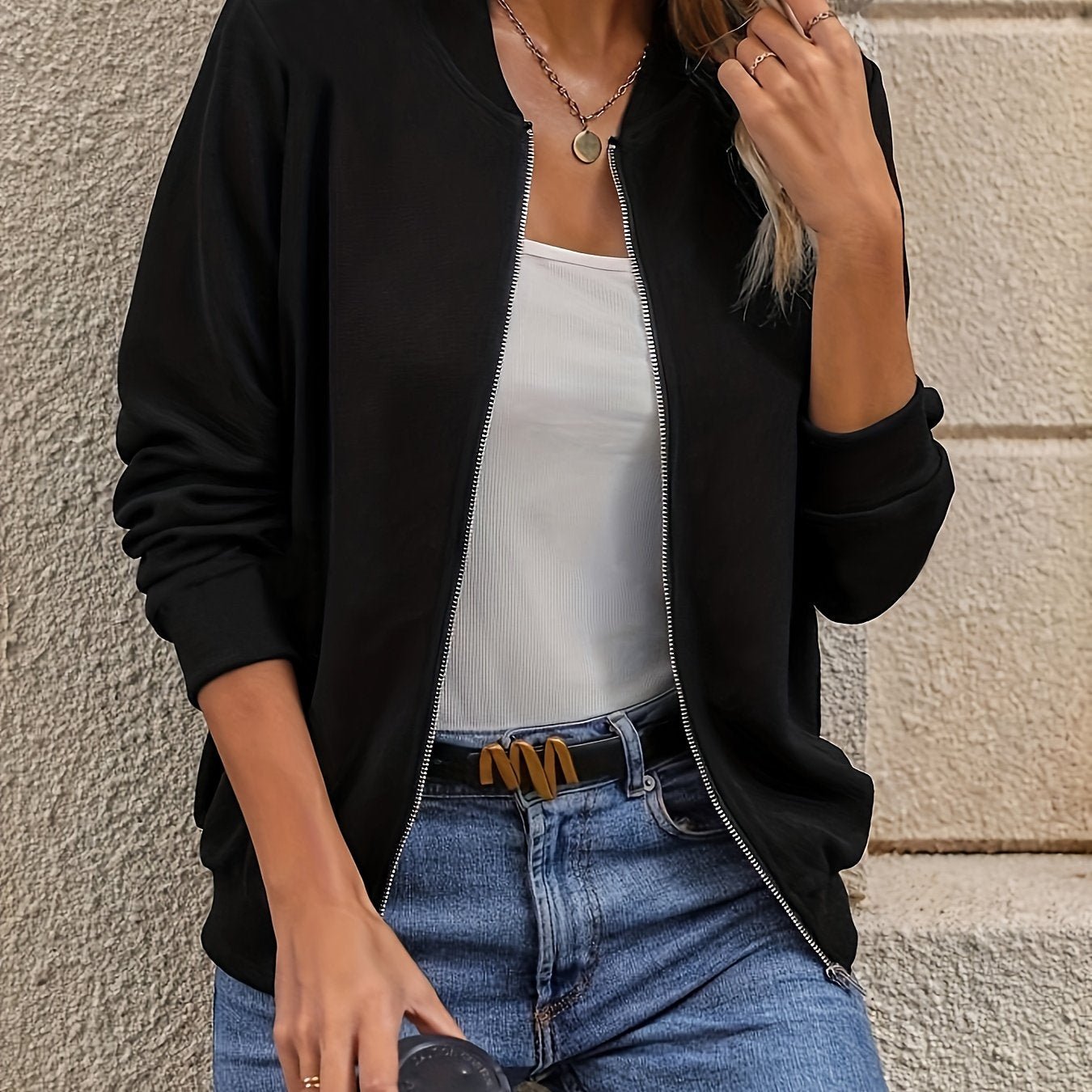 Solid Zip Up Jacket, Casual Long Sleeve Outerwear For Spring & Summer, Women's Clothing