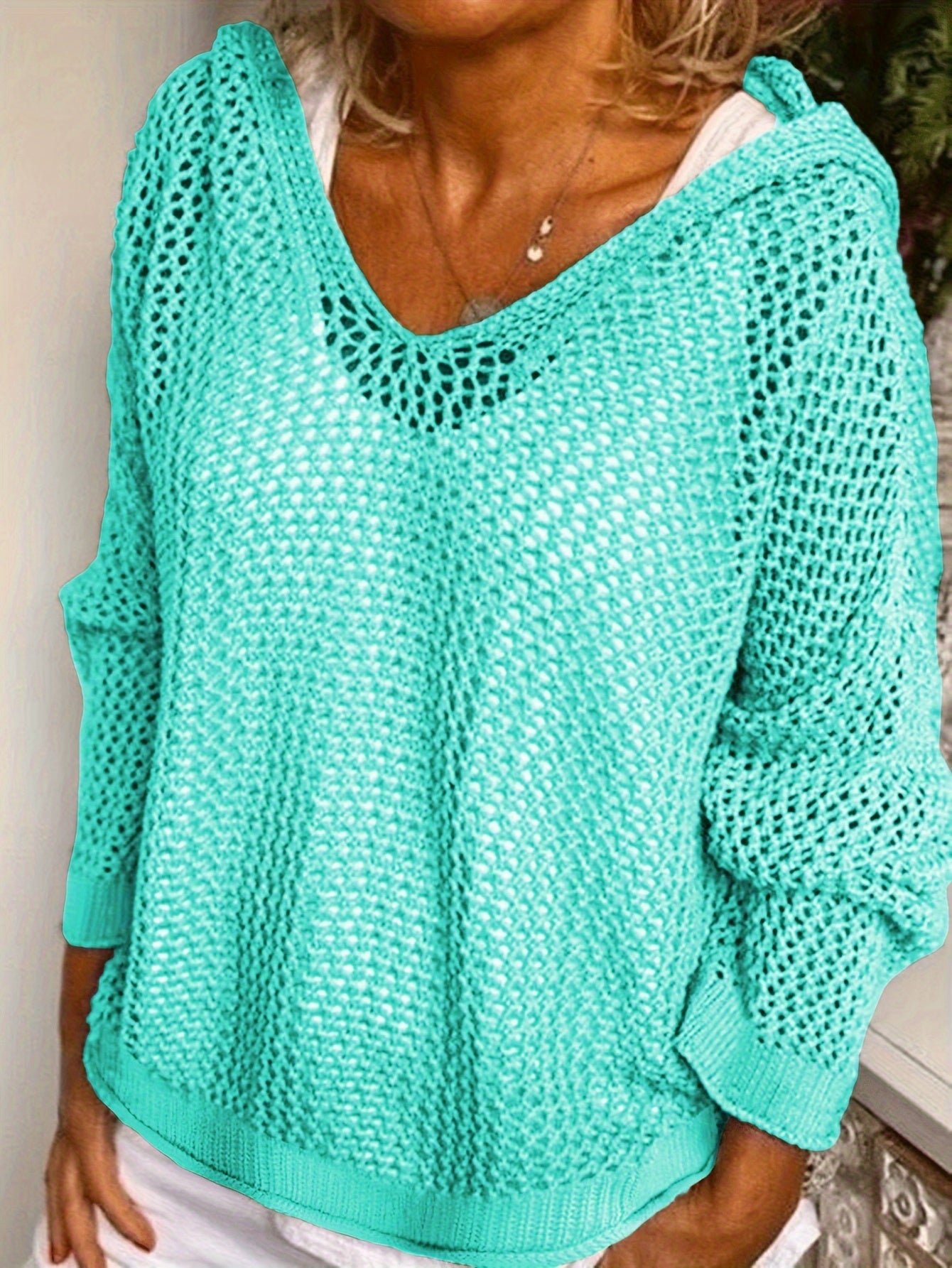 Solid Color Hooded Pullover Sweater, Casual Long Sleeve Cut Out Knitted Sweater For Spring & Summer, Women's Clothing