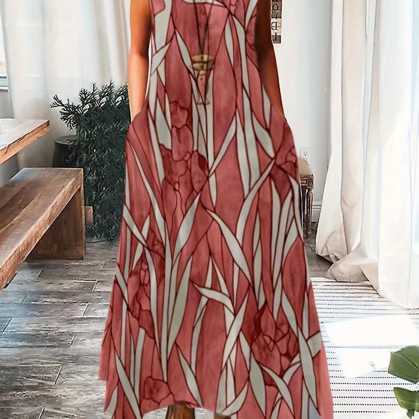 Plus Size Casual Summer Dress, Women's Plus Flower & Leaf Print Sleeveless Round Neck Medium Stretch Maxi Cami Dress With Pockets