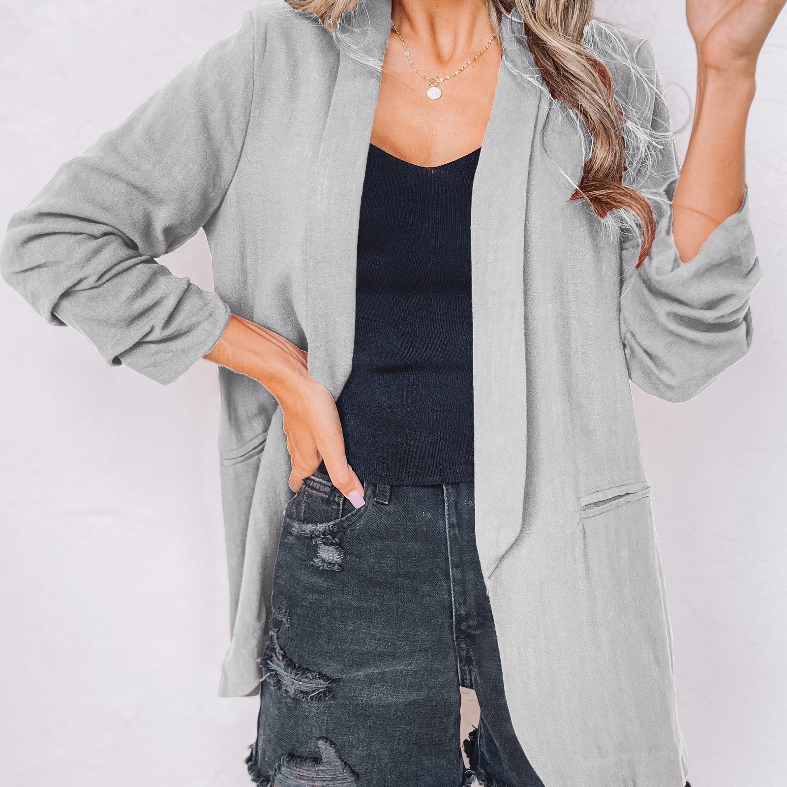 Solid Lapel Blazer Jacket, Casual Long Sleeve Office Work Outerwear, Women's Clothing