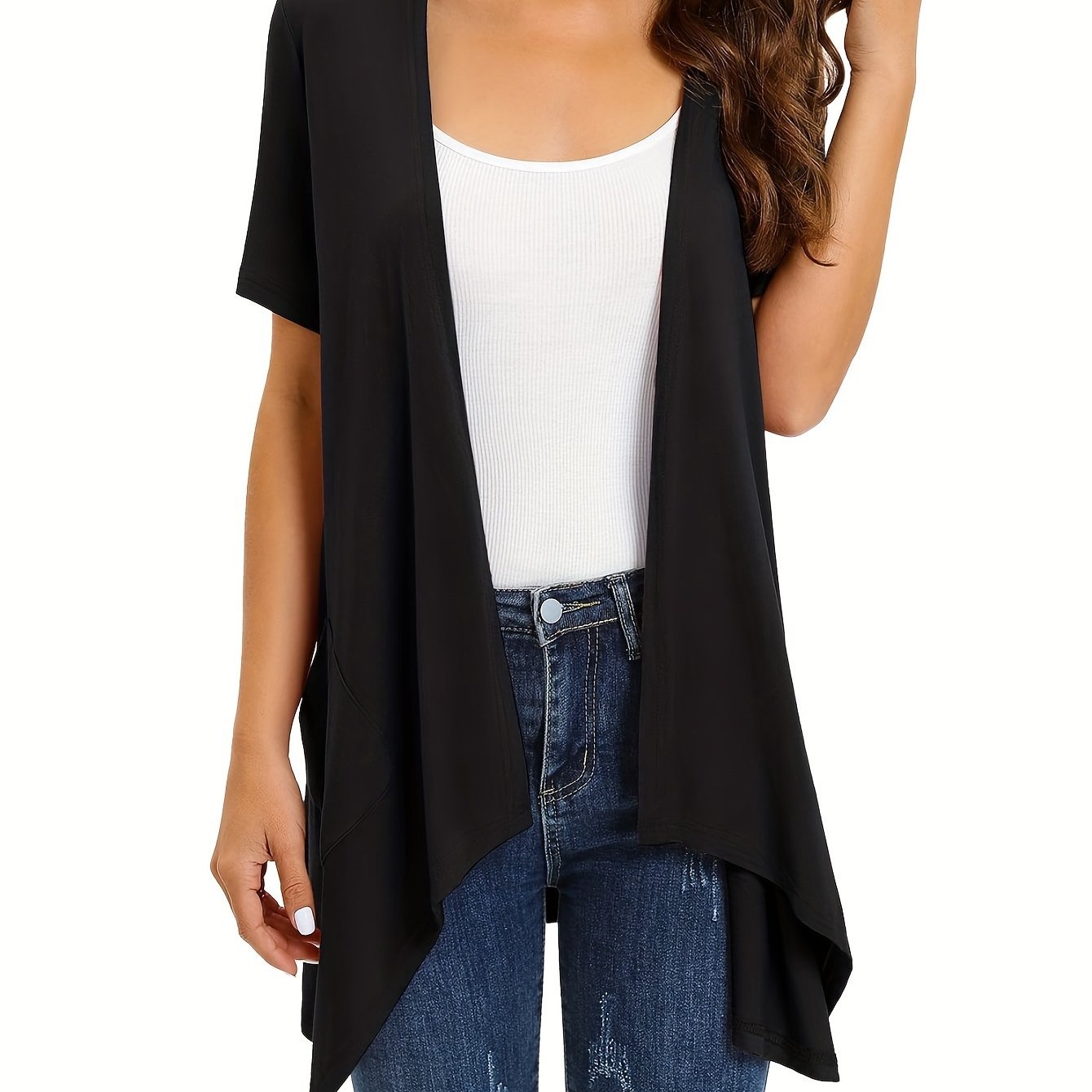 Dual Pockets Open Front Coat, Casual Short Sleeve Coat For Spring & Summer, Women's Clothing