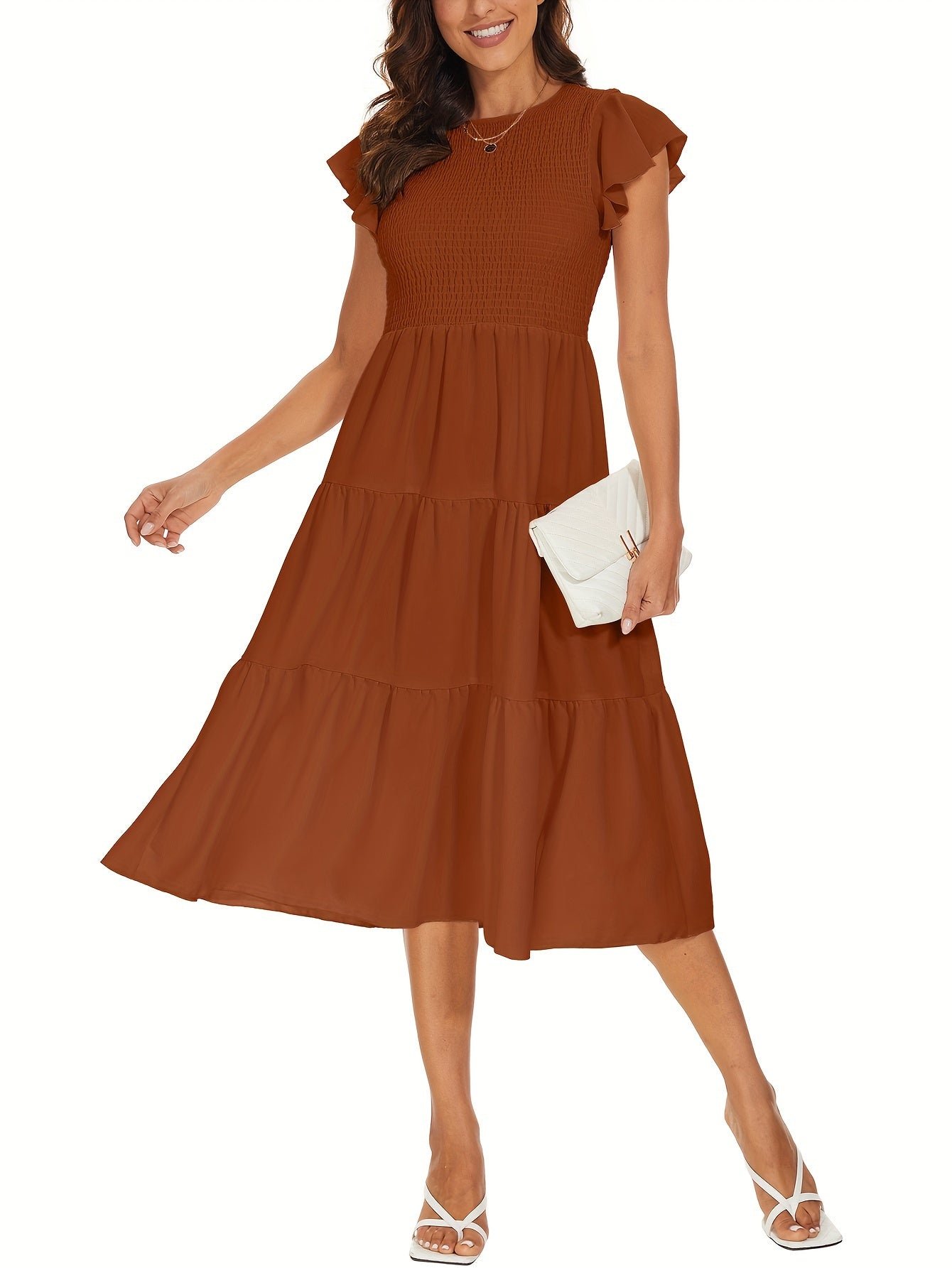 Solid Color Shirred Midi Dress, Elegant Flutter Sleeve Ruffle Hem Dress For Spring & Summer, Women's Clothing