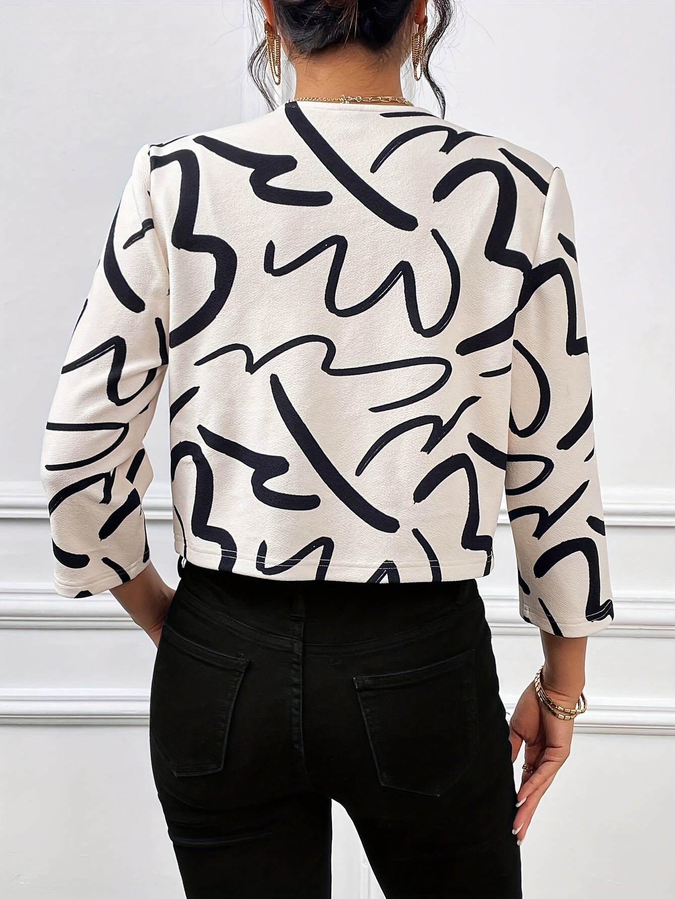 Allover Print Open Front Jacket, Elegant 3/4 Sleeve Crop Fitted Jacket, Women's Clothing