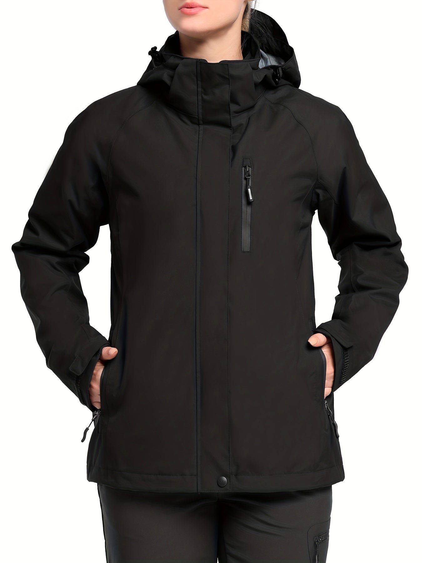 Solid Color Thermal Windproof Hooded Jacket, Zipper Pocket Waterproof Warm Jacket Coat For Fall & Winter, Women's Clothing