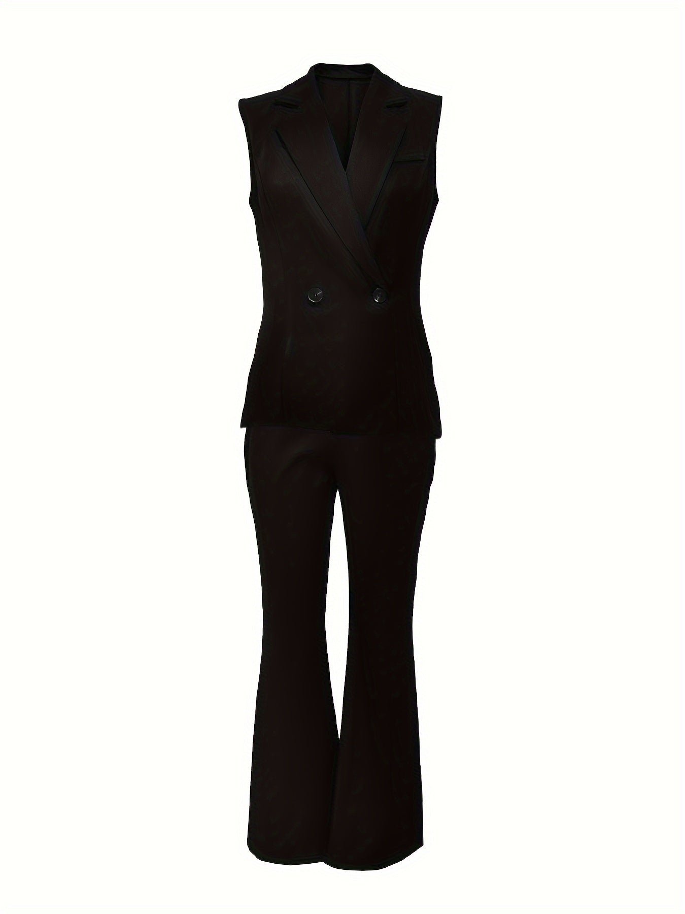 Elegant Solid Color Pants Set, Button Lapel Neck Vest & Pants Outfits For Work & Office, Women's Clothing