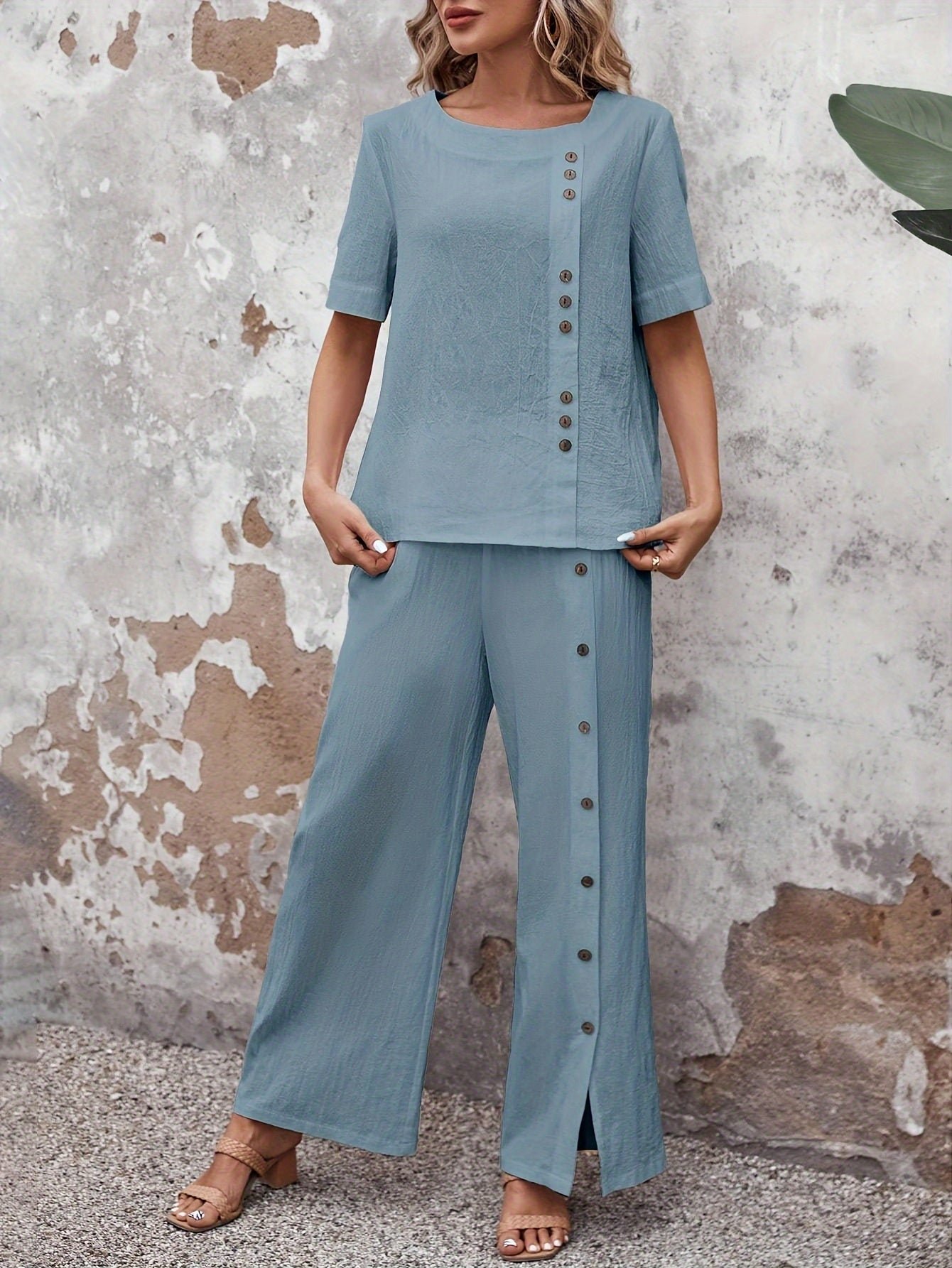 Button Decor Casual Pants Set, Short Sleeve Top & Split Hem Pants Outfits For Spring & Summer, Women's Clothing