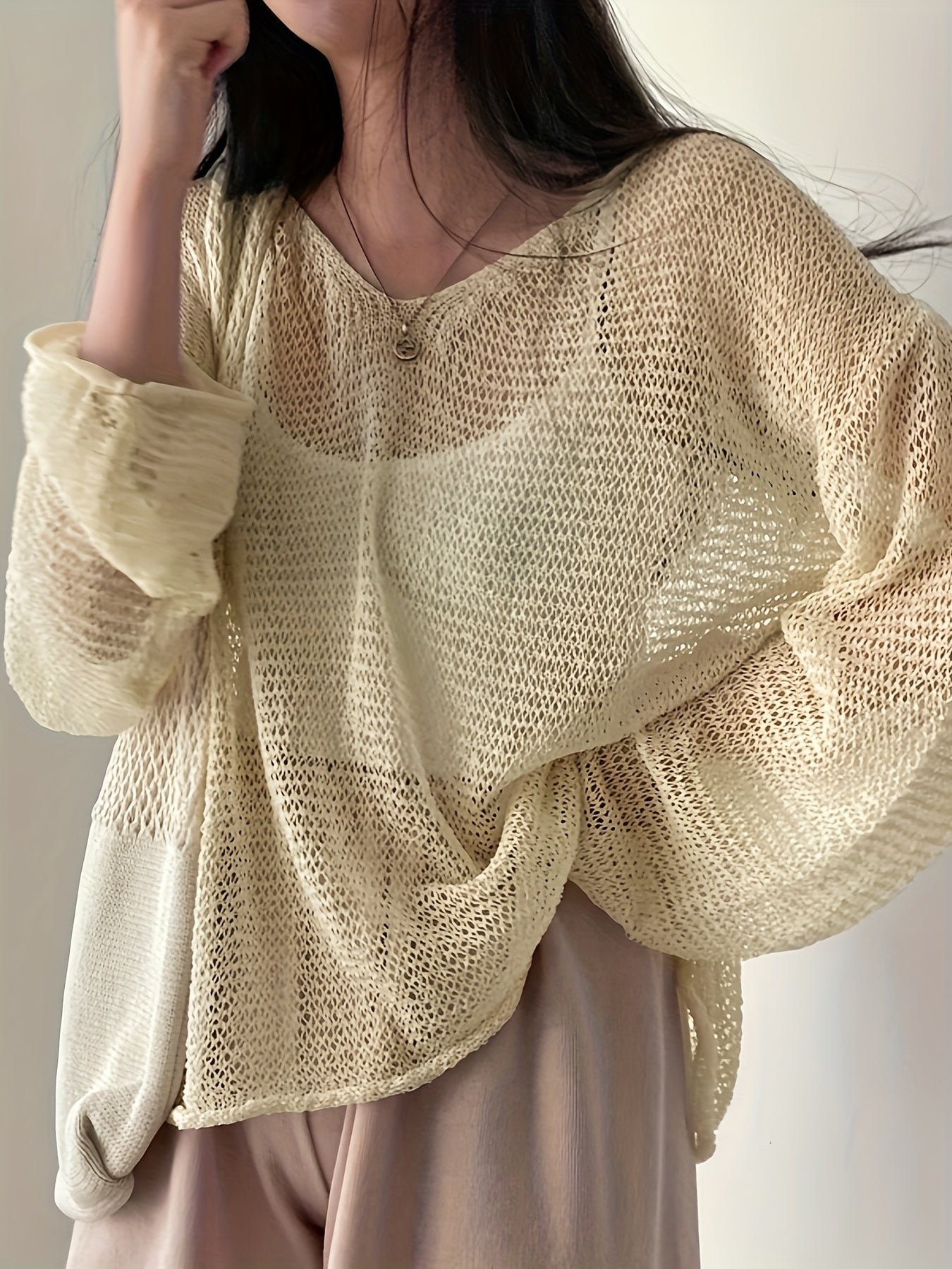 Solid Knitted Pullover Top, Casual Crew Neck Long Sleeve Crochet Coverup Top, Women's Clothing