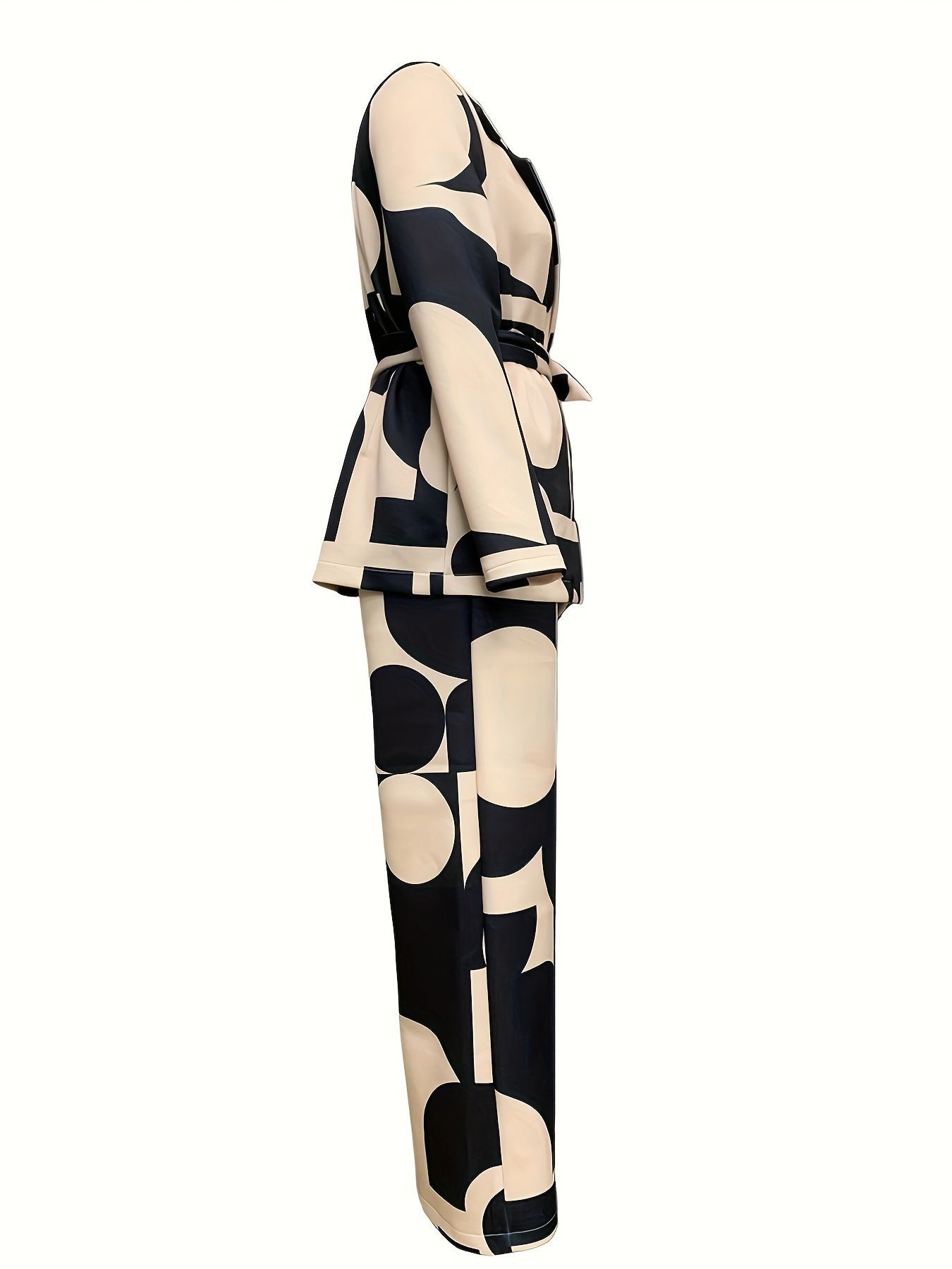 Business Casual Geo Print Two-piece Set, Notched Collar Tie-waist Blazer & Wide Leg Pants Outfits, Women's Clothing