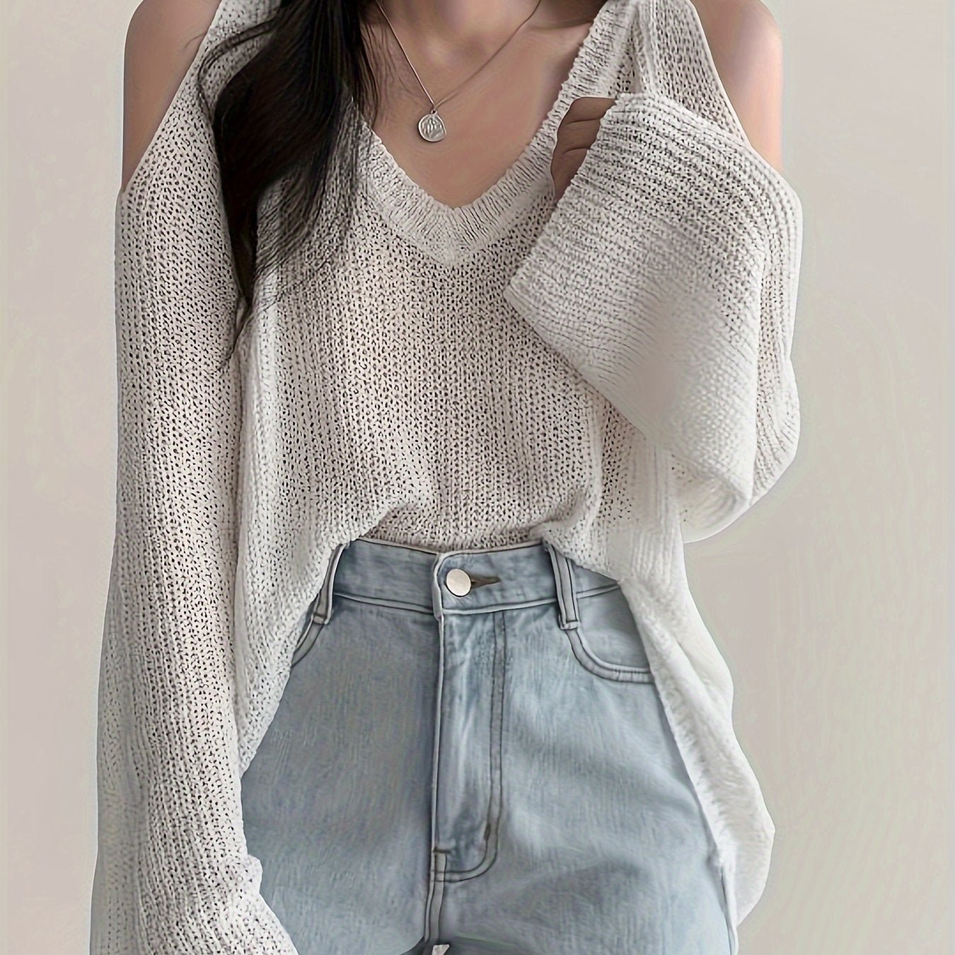 Solid Color V Neck Pullover Sweater, Y2K Long Sleeve Cut Out Knitted Sweater For Spring & Summer, Women's Clothing