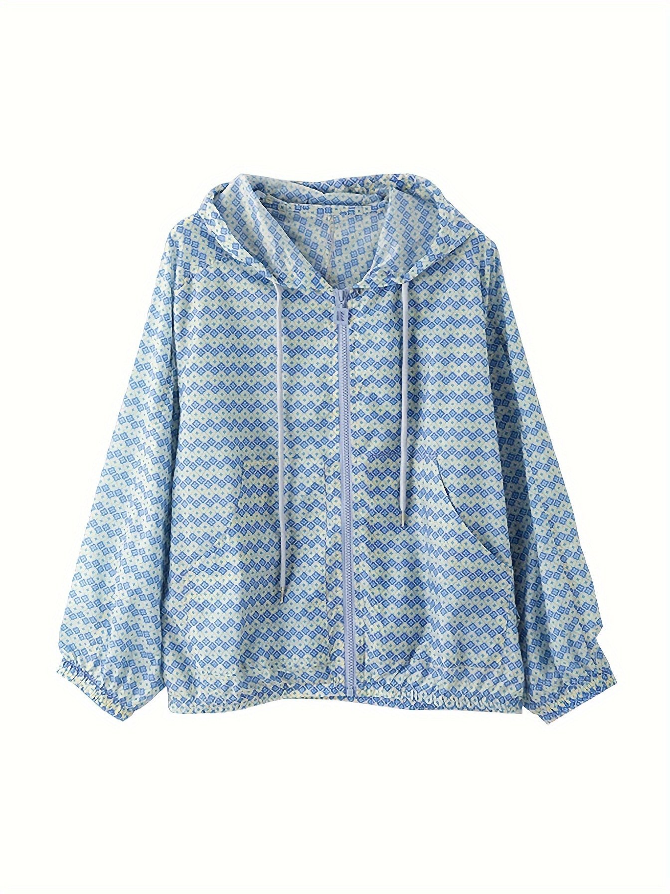Allover Print Zipper Front Jacket, Casual Long Sleeve Drawstring Hooded Outwear For Spring & Fall, Women's Clothing